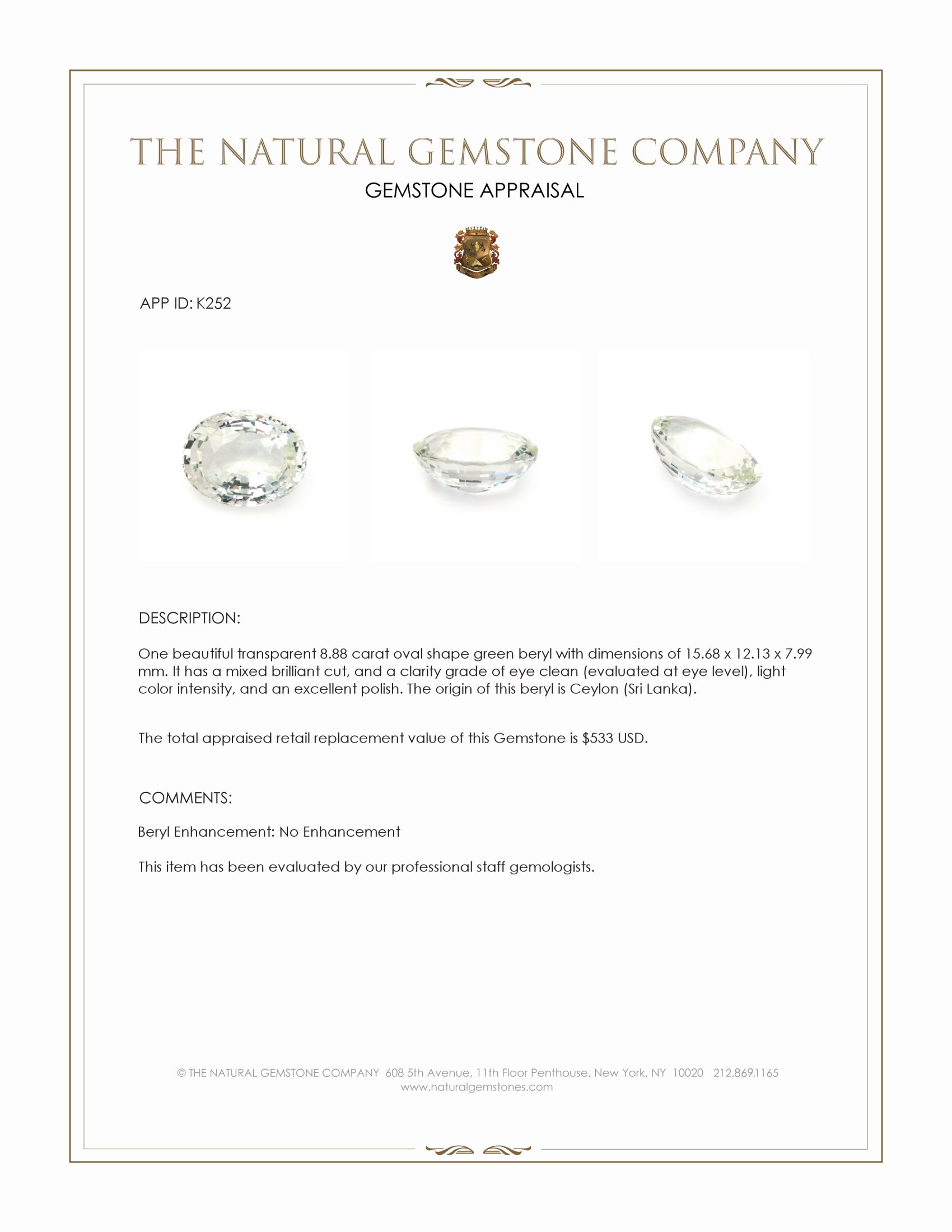 8.88 Ct. Beryl from Ceylon (Sri Lanka)