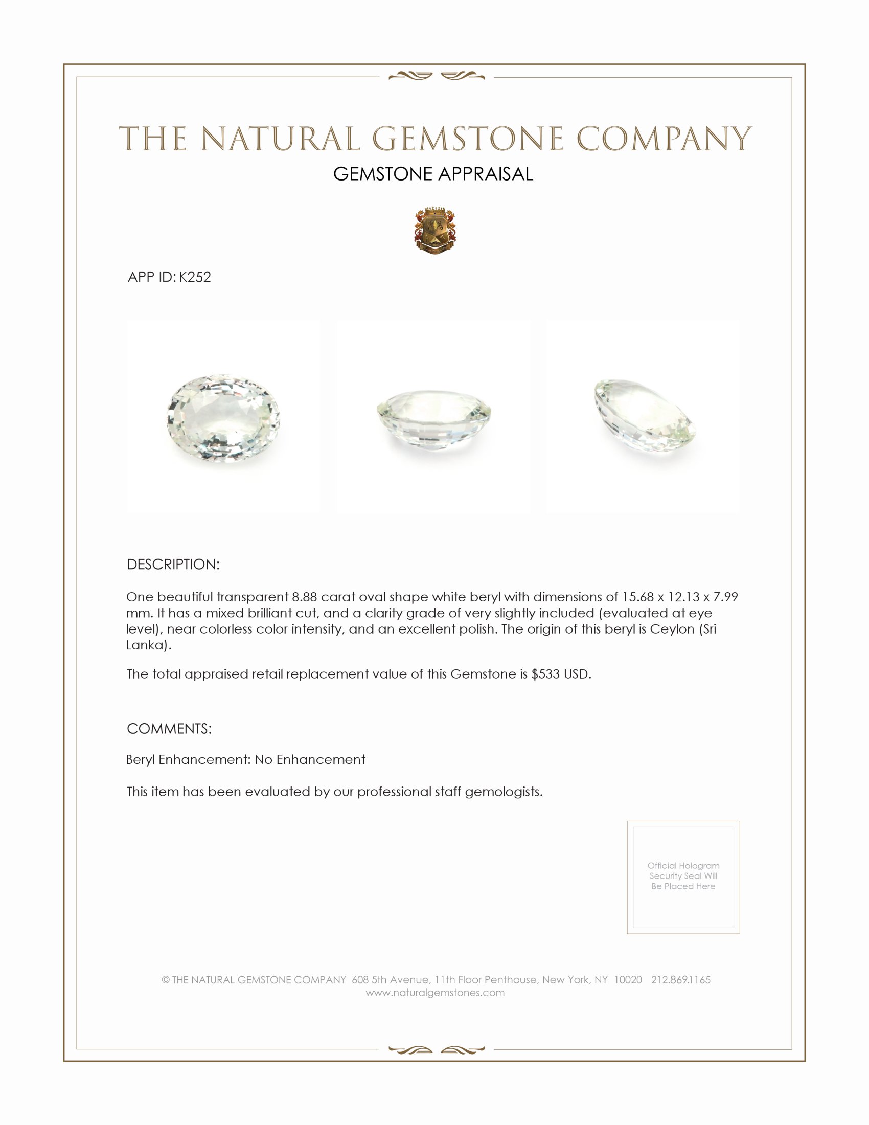 8.88 Ct. Beryl from Ceylon (Sri Lanka)