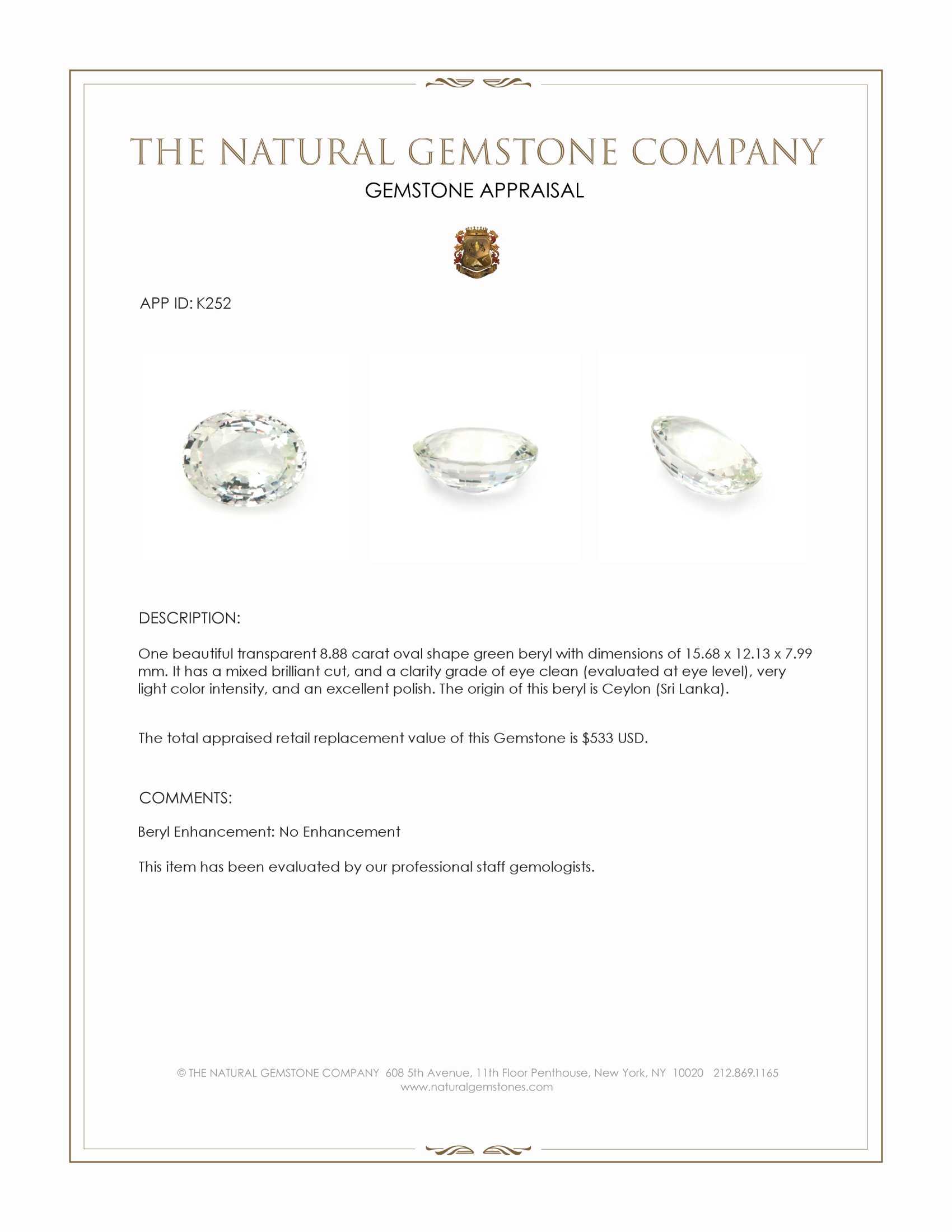 8.88 Ct. Beryl from Ceylon (Sri Lanka)