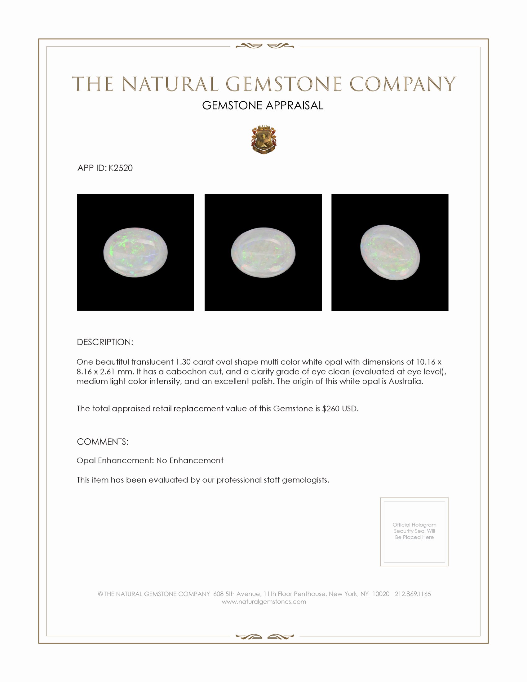 1.30 Ct. Cabochon White Opal from Australia