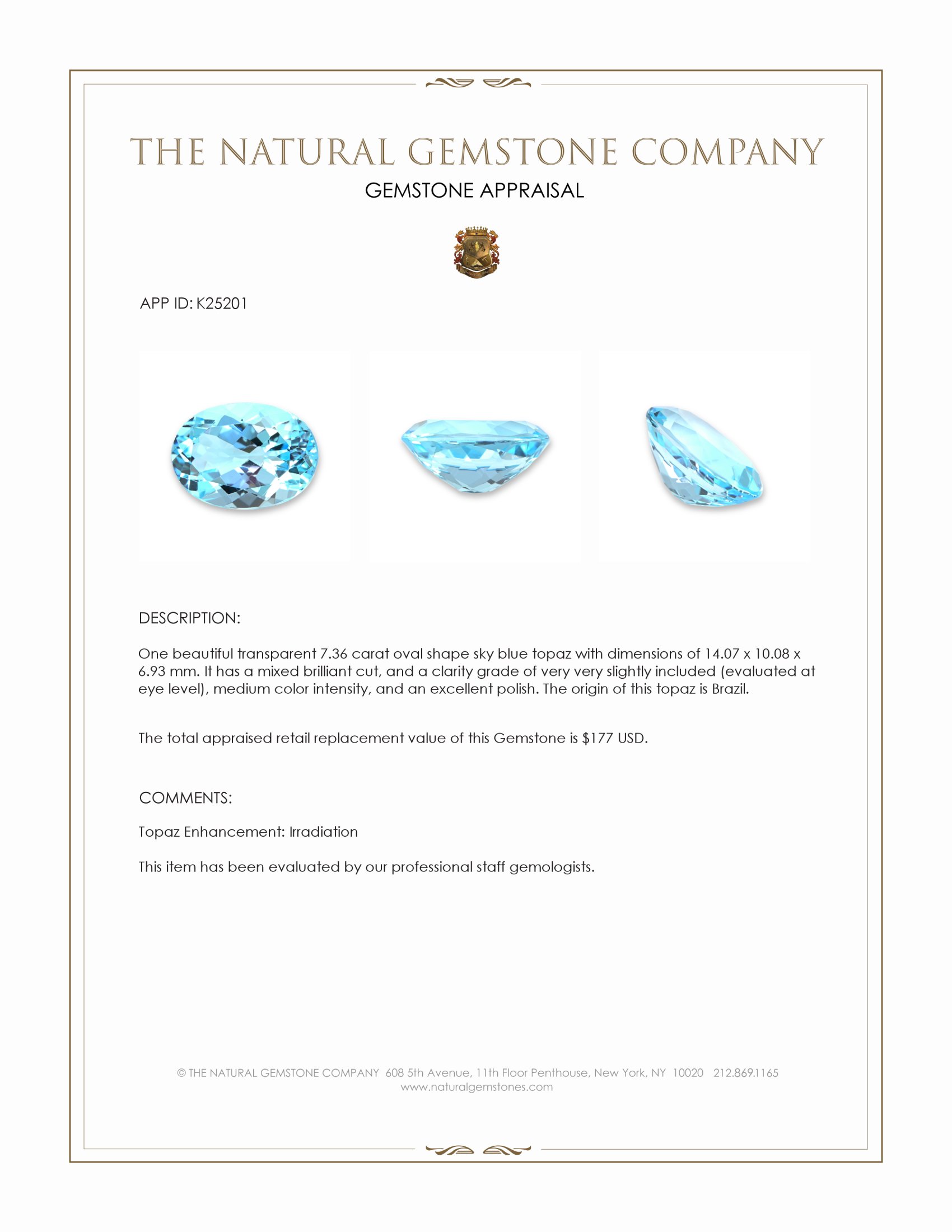 7.36 Ct. Sky Blue Topaz from Brazil
