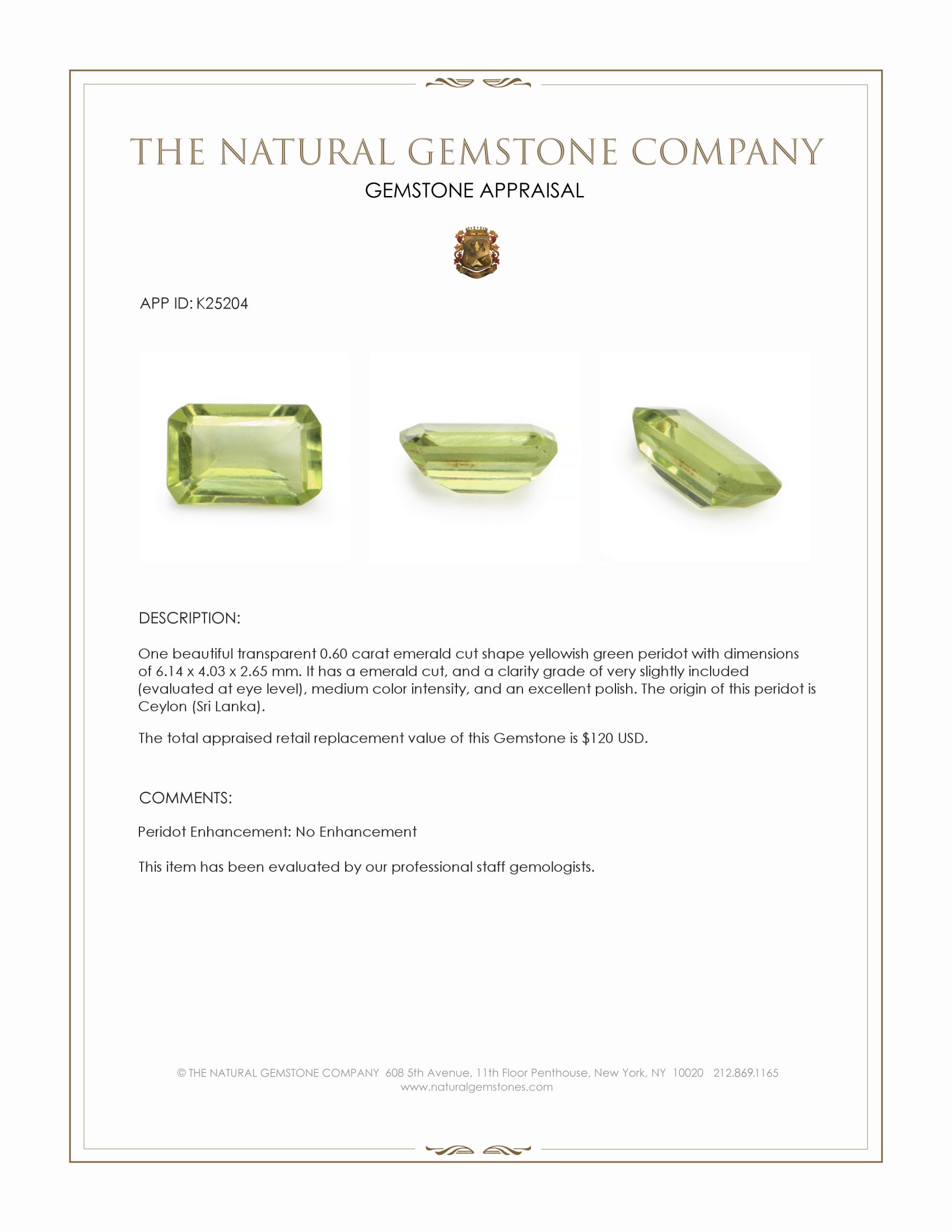 0.60 Ct. Yellowish Green Peridot from Ceylon (Sri Lanka)
