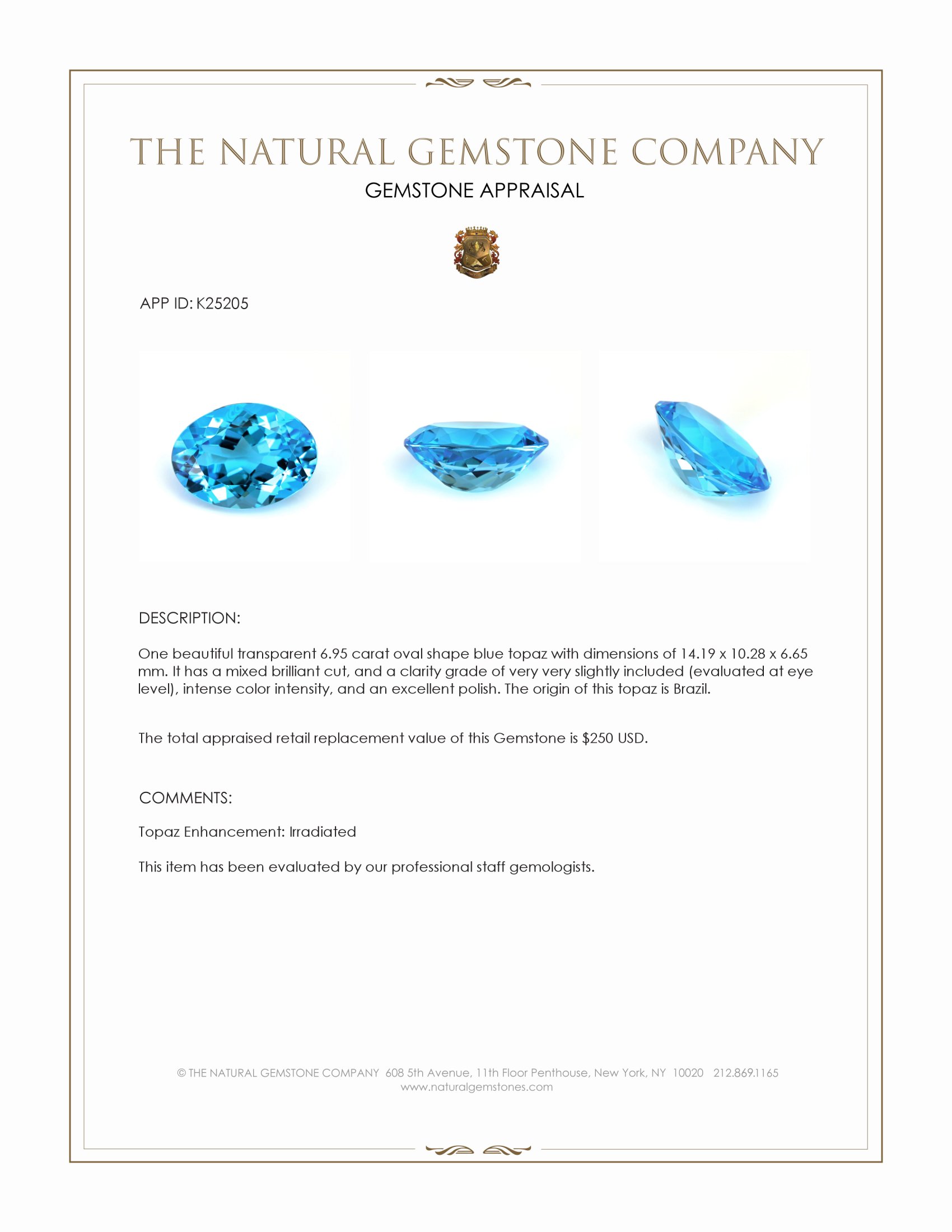 6.95 Ct. Blue Topaz from Brazil