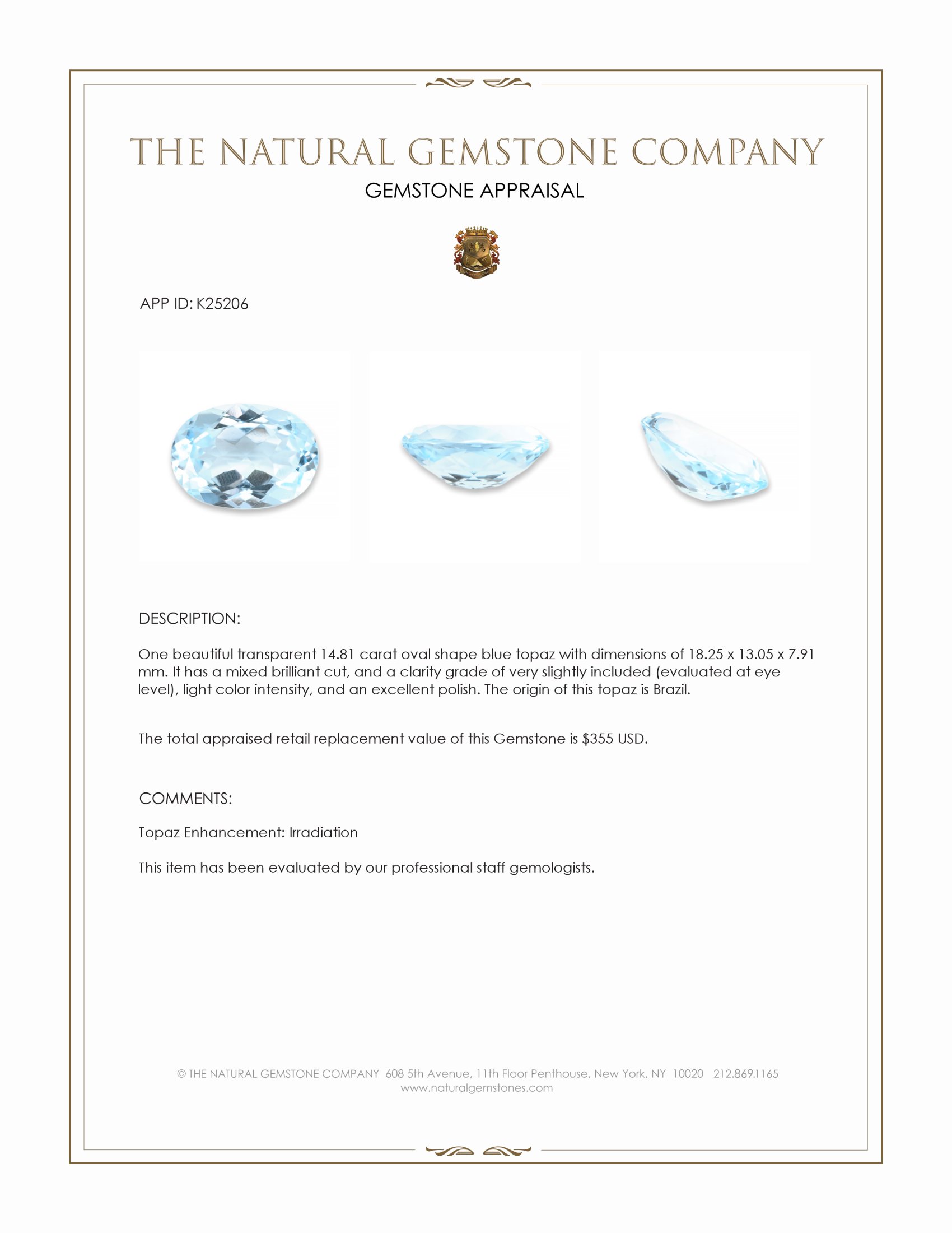 14.81 Ct. Blue Topaz from Brazil