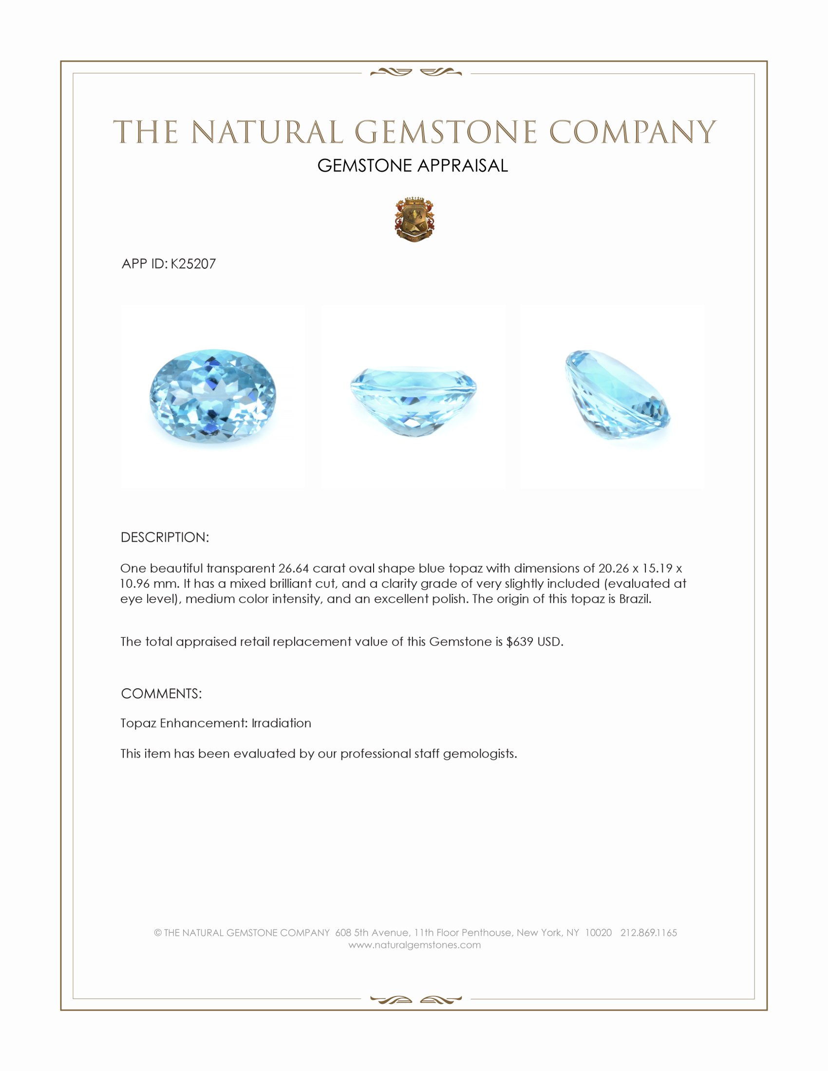 26.64 Ct. Blue Topaz from Brazil