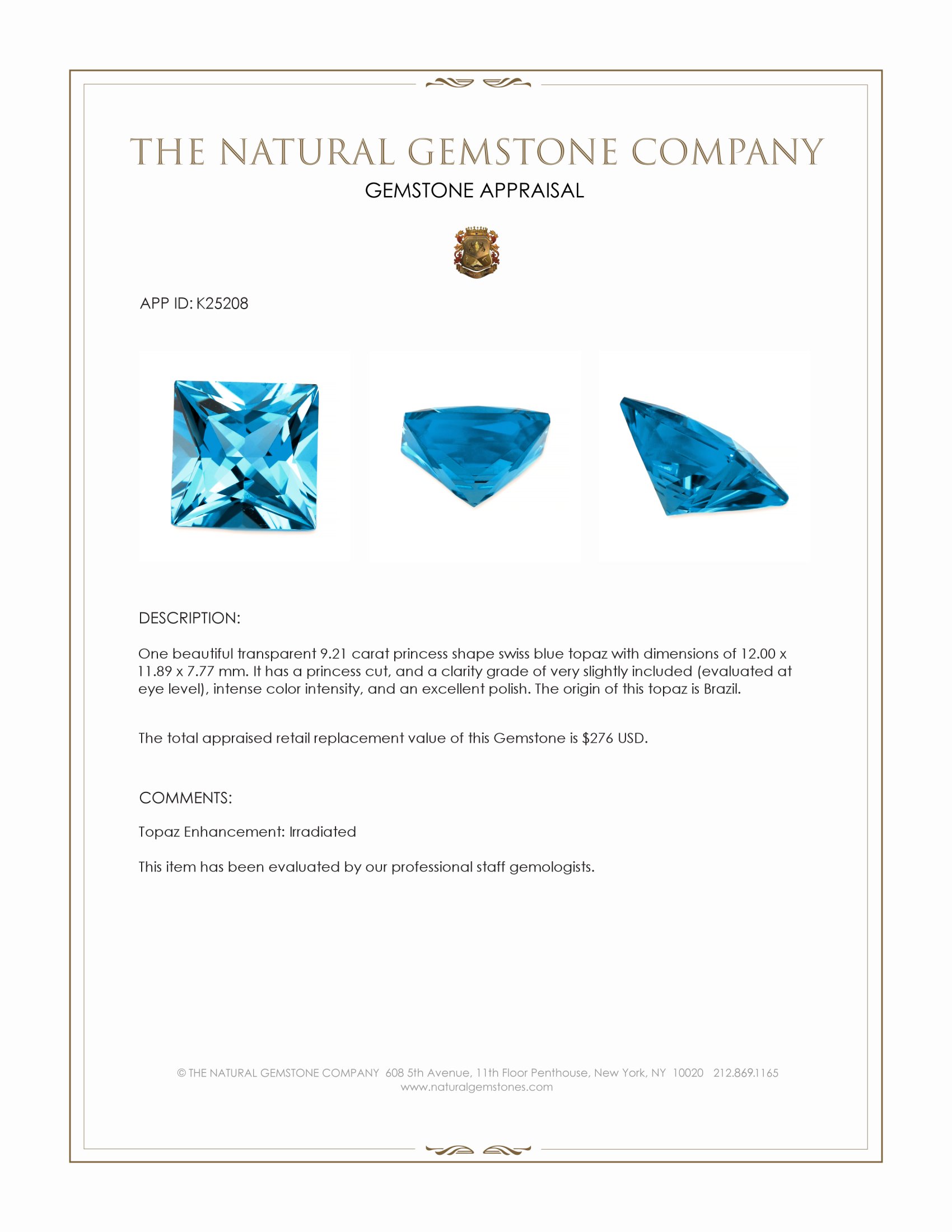 9.21 Ct. Swiss Blue Topaz from Brazil