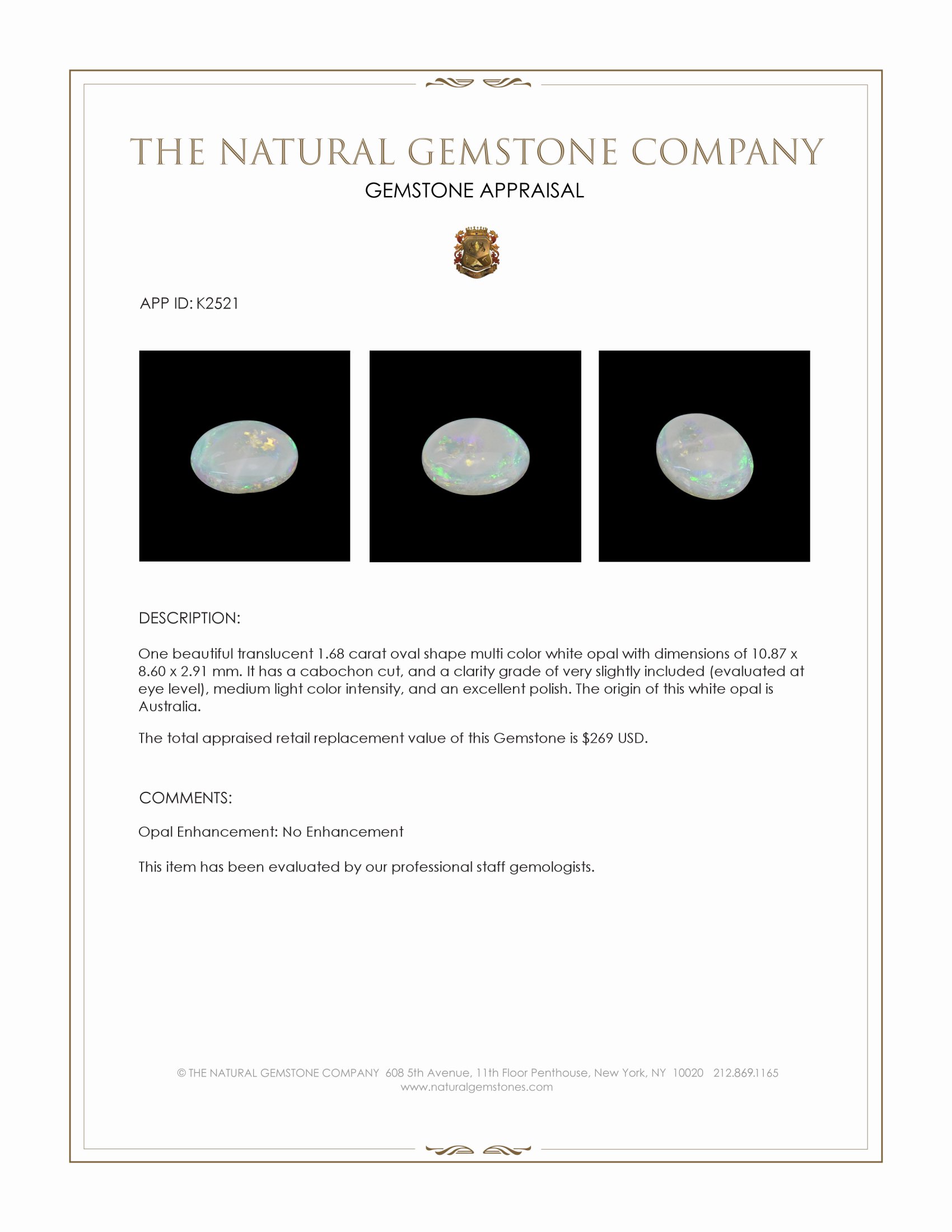 1.68 Ct. Cabochon White Opal from Australia