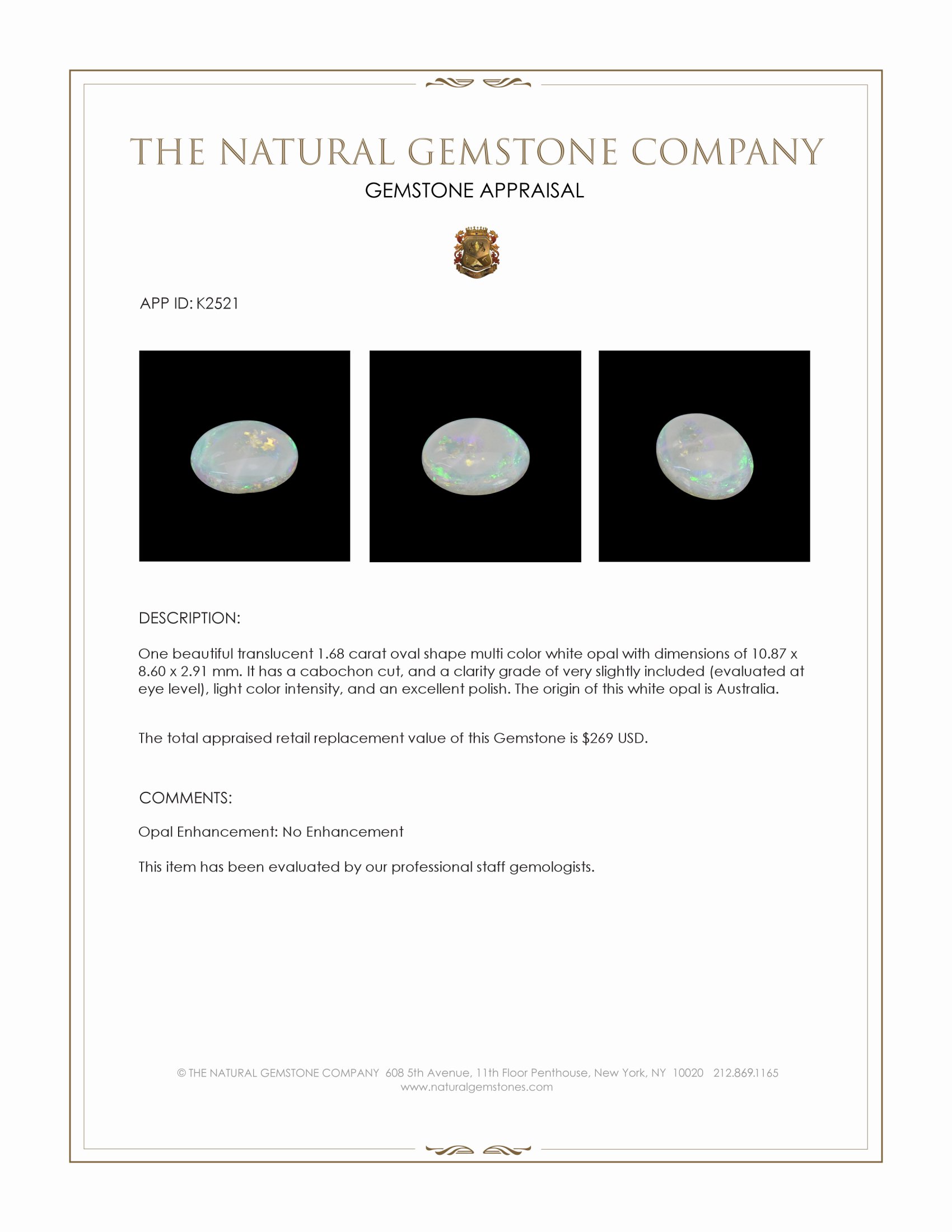 1.68 Ct. Cabochon White Opal from Australia