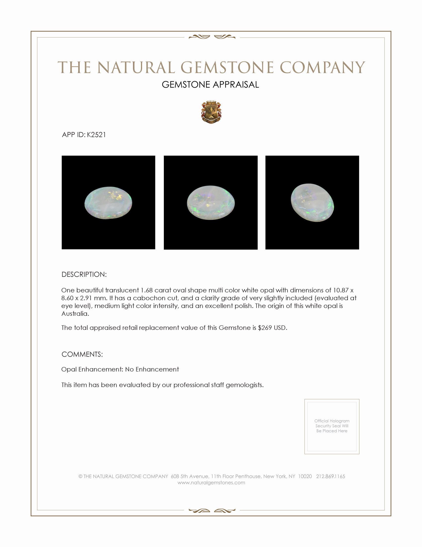 1.68 Ct. Cabochon White Opal from Australia