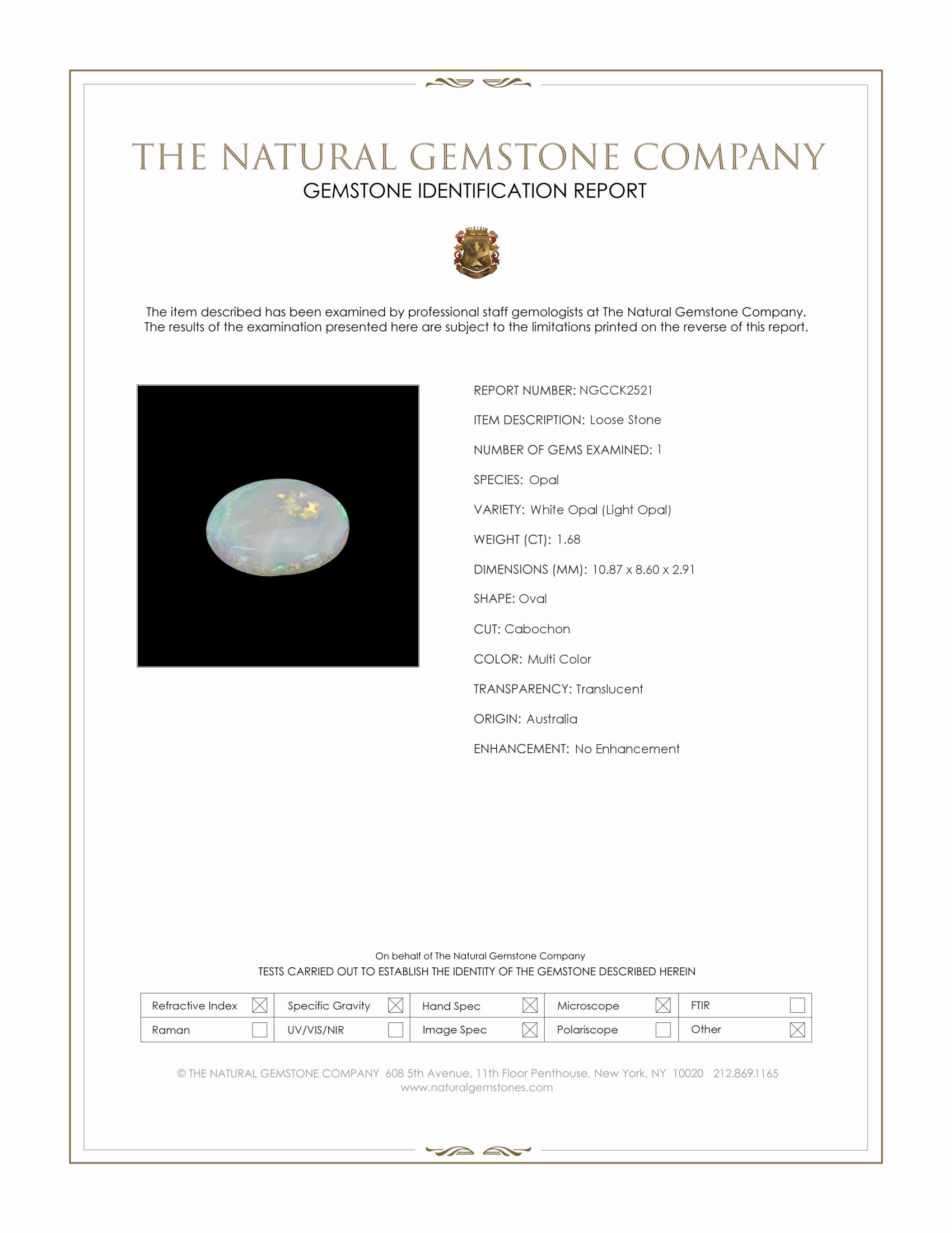 1.68 Ct. Multi Color Cabochon White Opal (Light Opal) from Australia