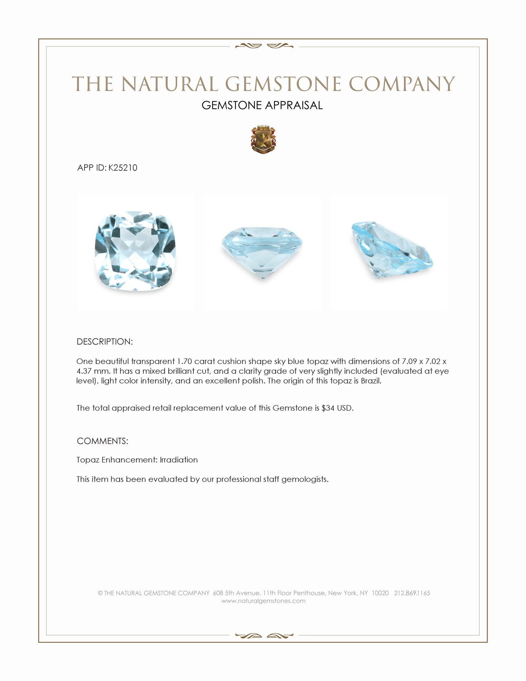 1.70 Ct. Sky Blue Topaz from Brazil