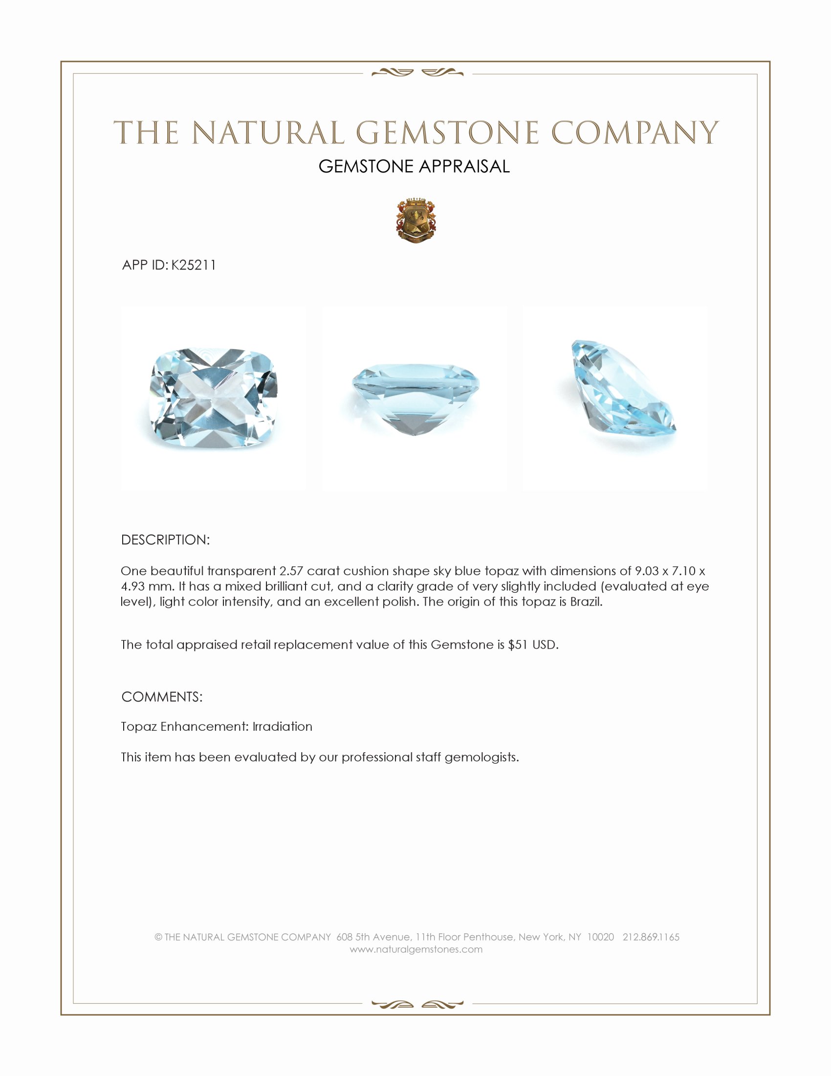 2.57 Ct. Sky Blue Topaz from Brazil