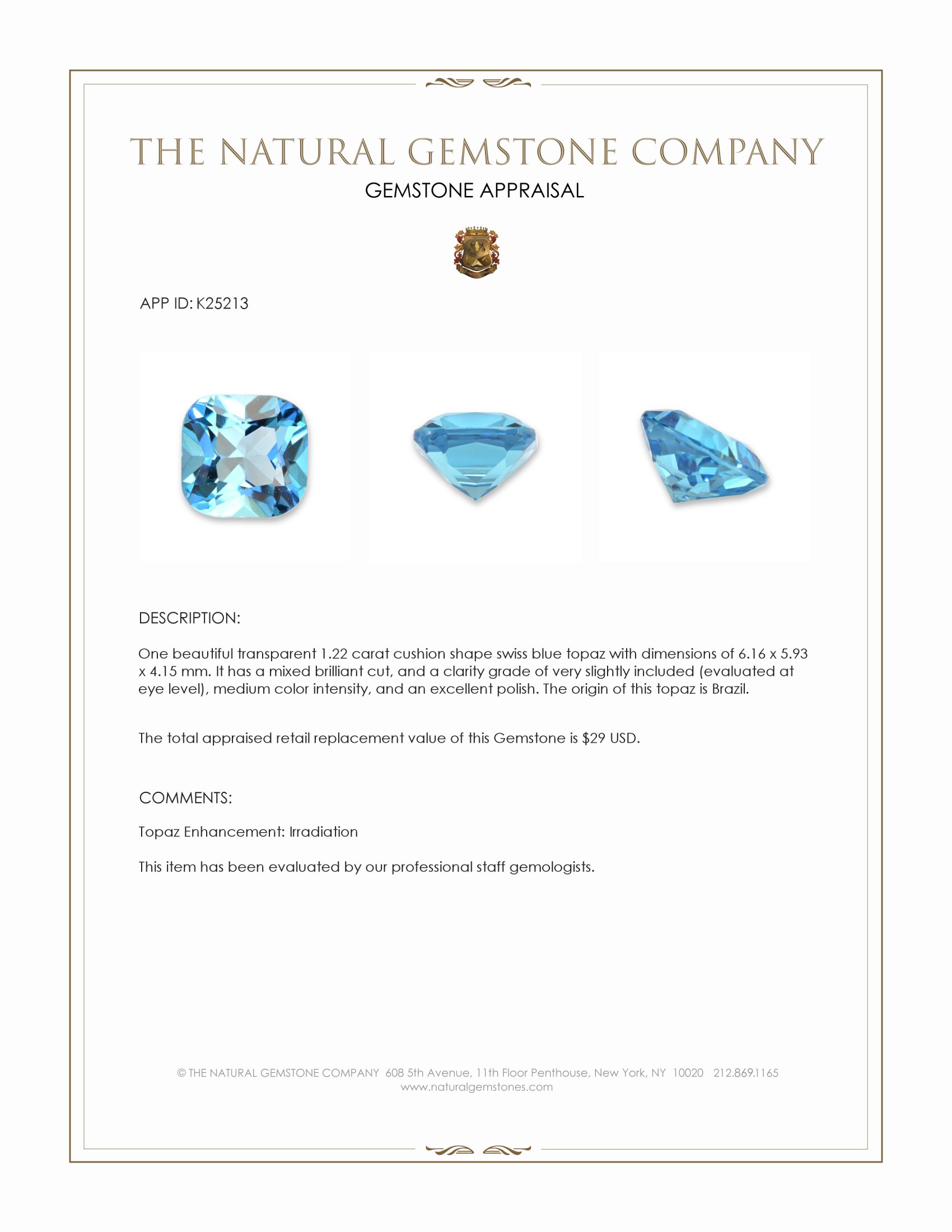 1.22 Ct. Swiss Blue Topaz from Brazil