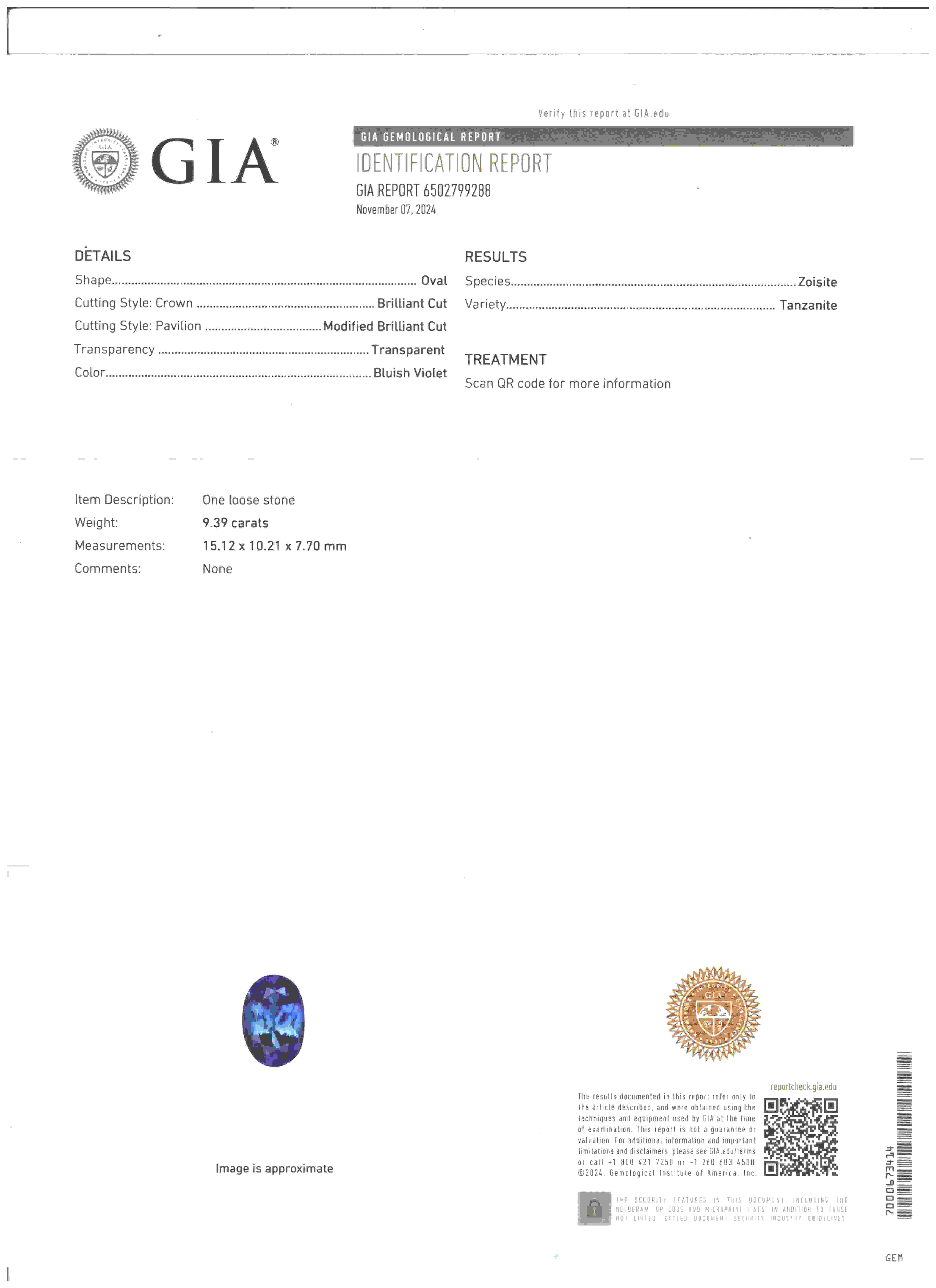 9.39 Ct. Violetish Blue Tanzanite from Tanzania