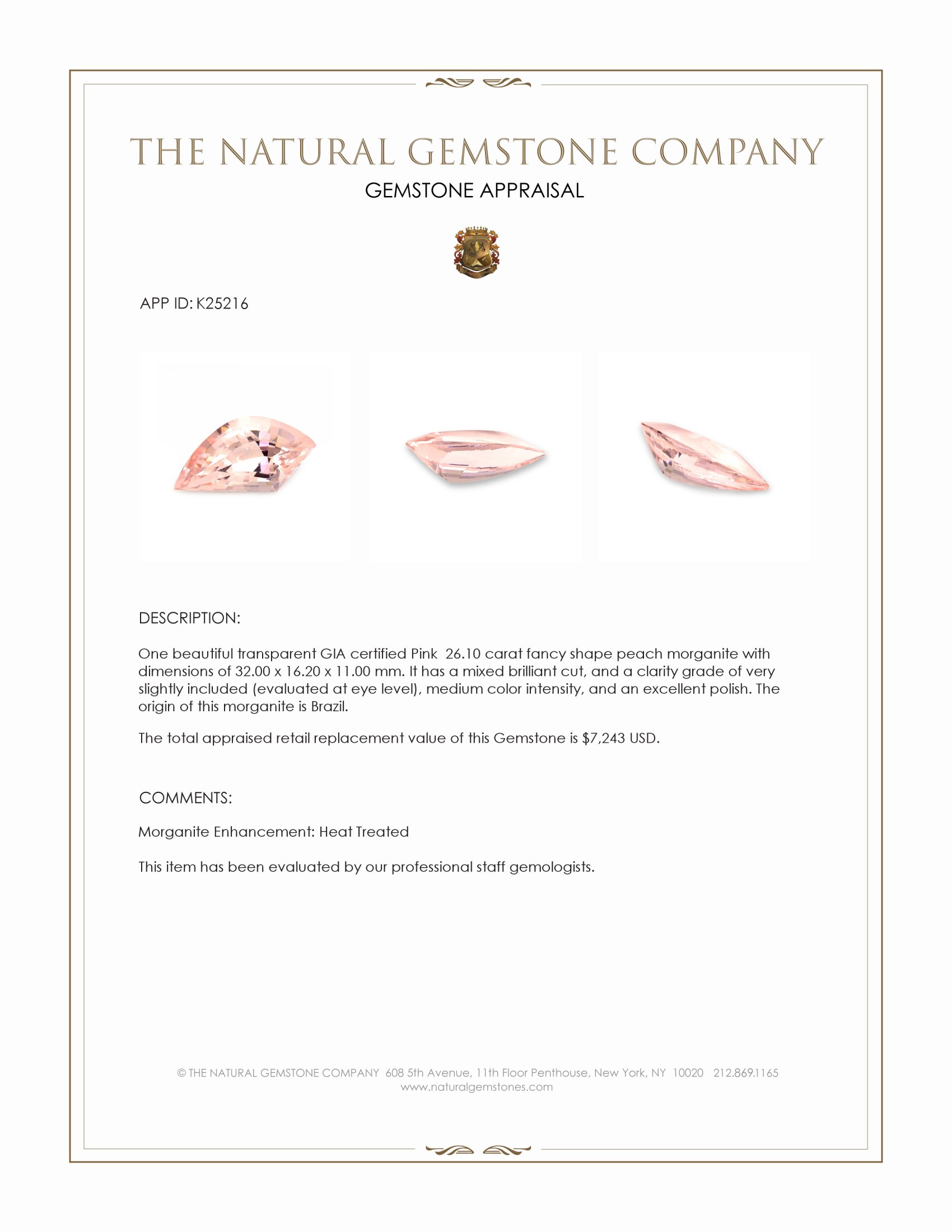 26.10 Ct. Peach Morganite from Brazil