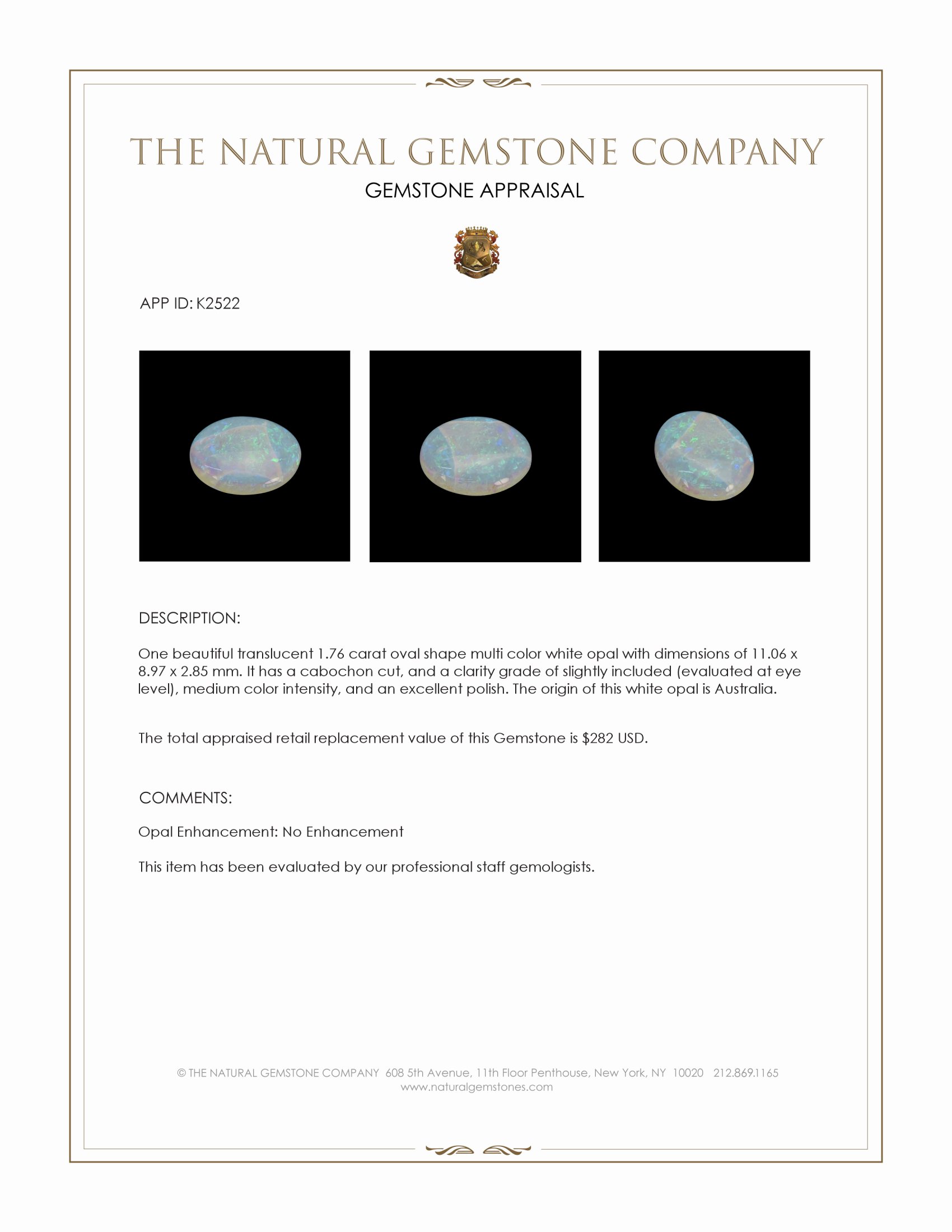 1.76 Ct. Cabochon White Opal from Australia