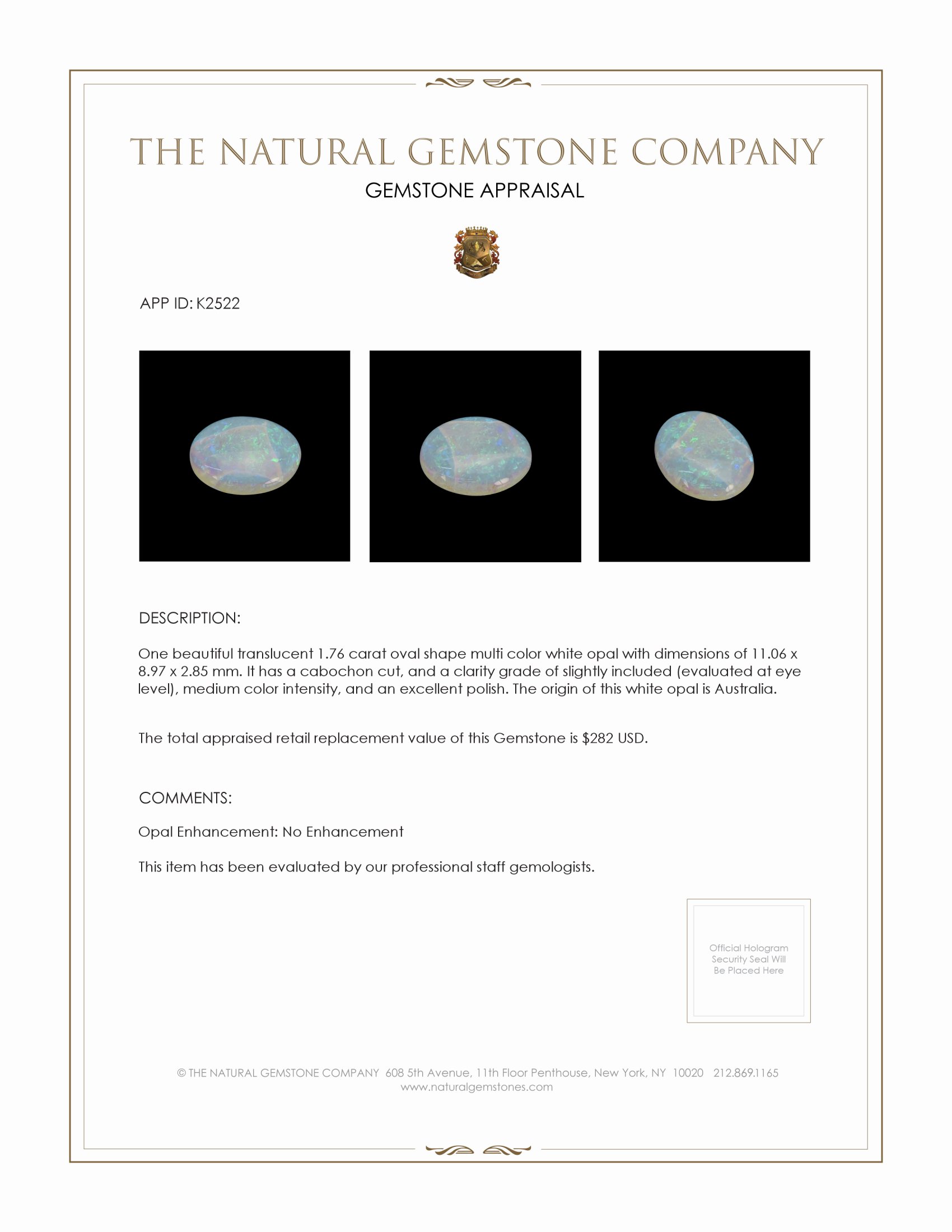 1.76 Ct. Cabochon White Opal from Australia