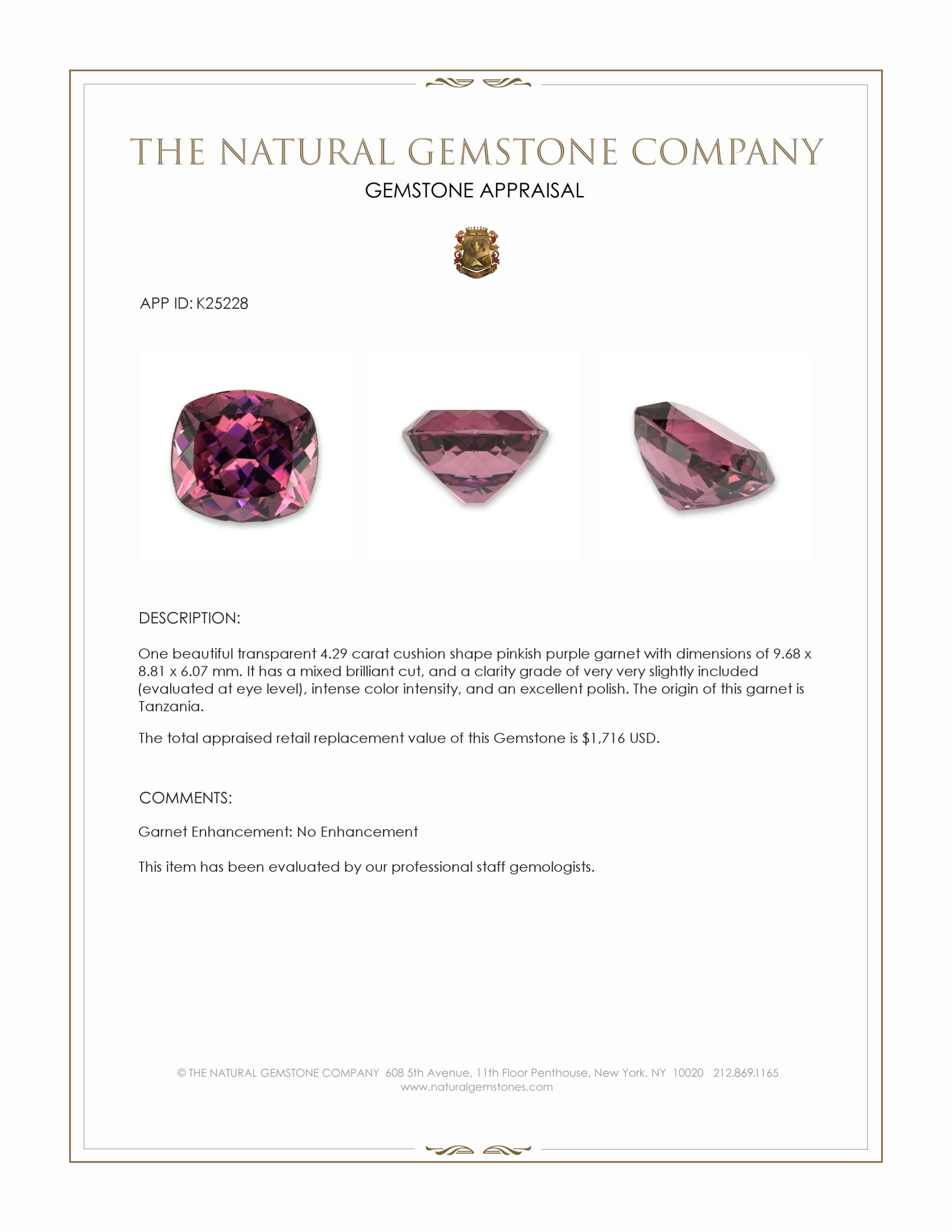 4.29 Ct. Pinkish Purple Garnet from Tanzania