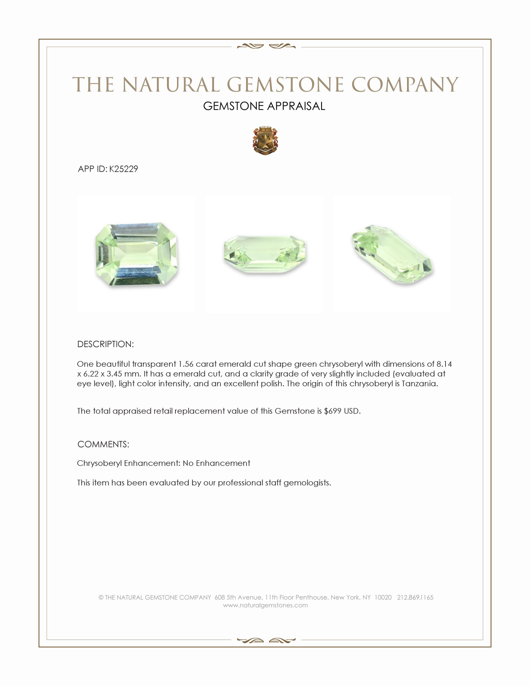 1.56 Ct. Green Chrysoberyl from Tanzania
