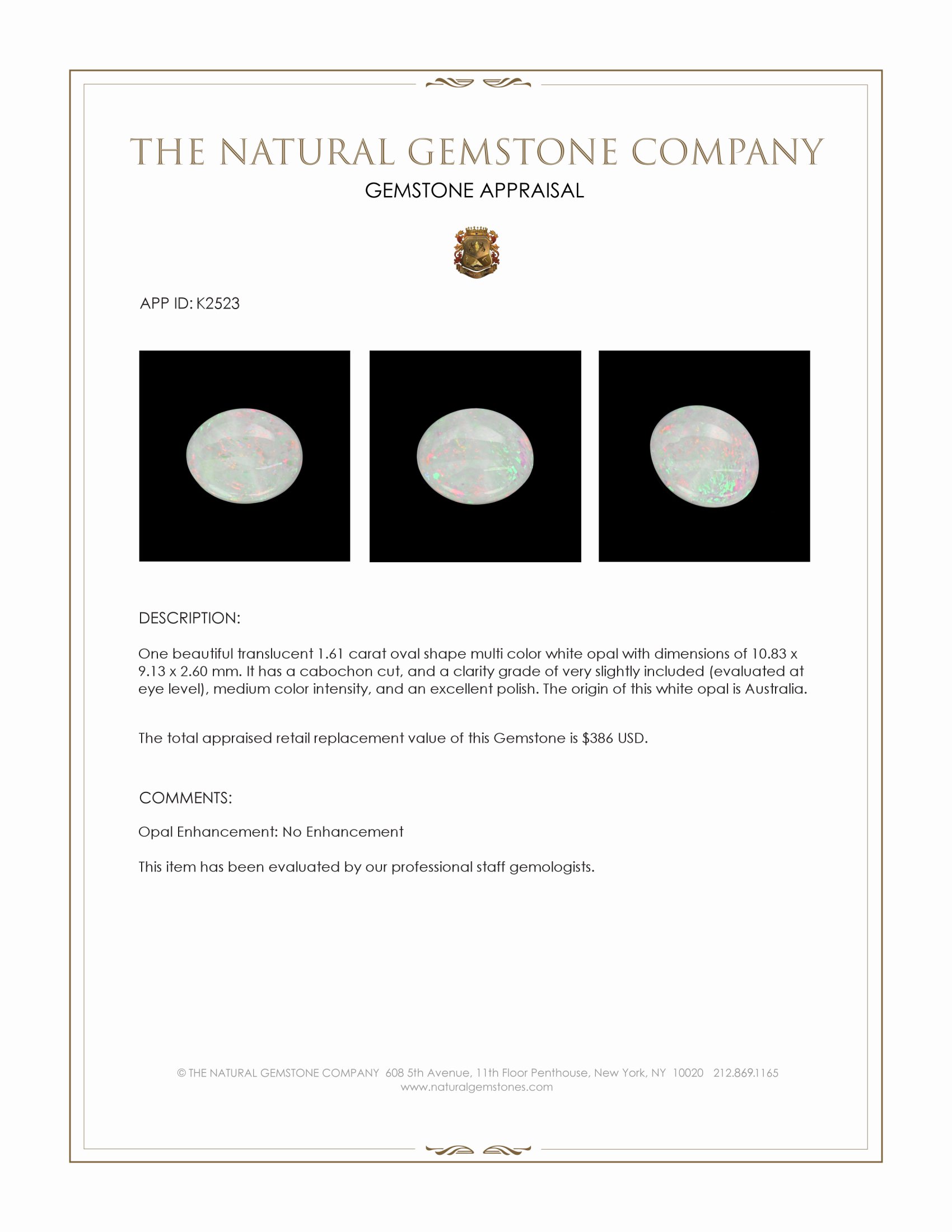 1.61 Ct. Cabochon White Opal from Australia