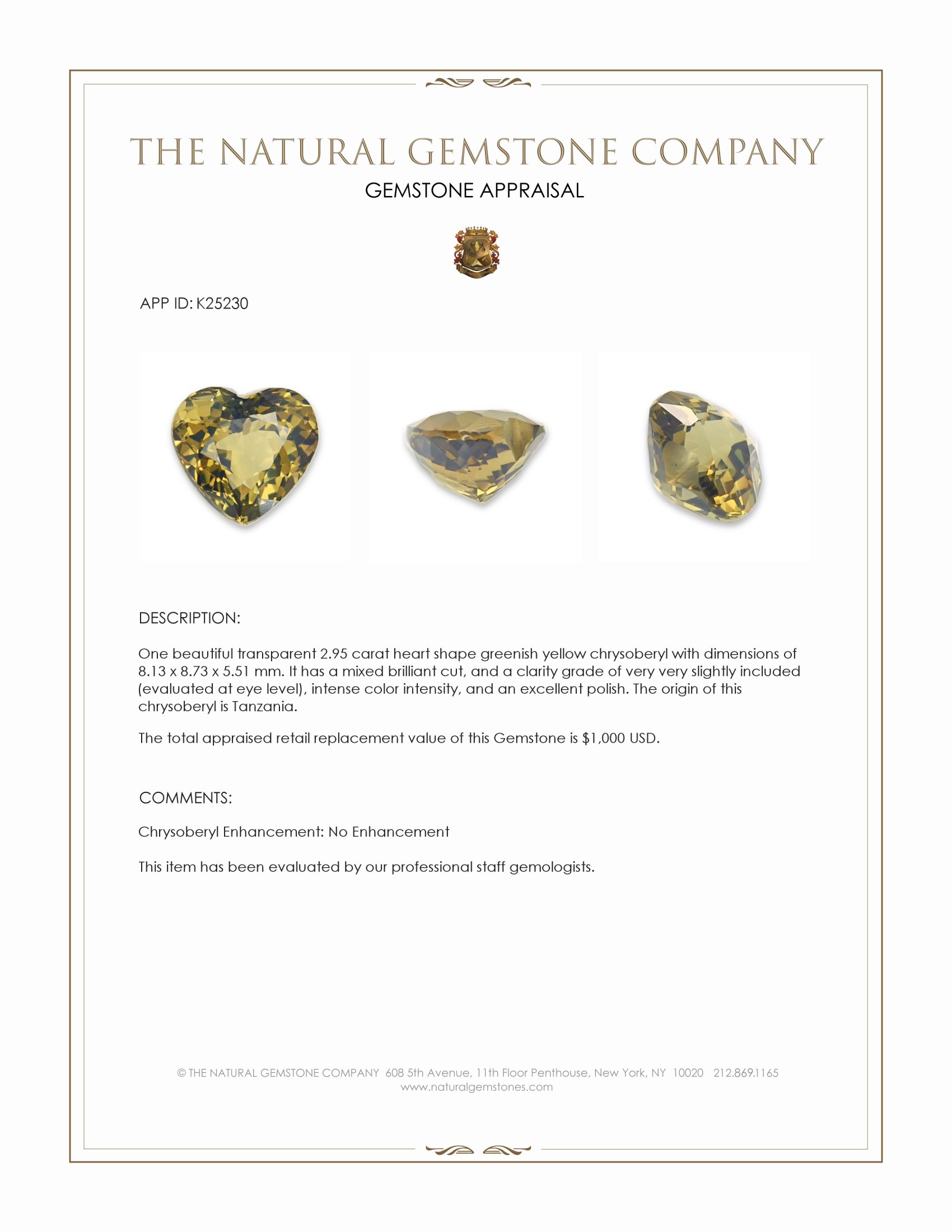 2.95 Ct. Greenish Yellow Chrysoberyl from Tanzania