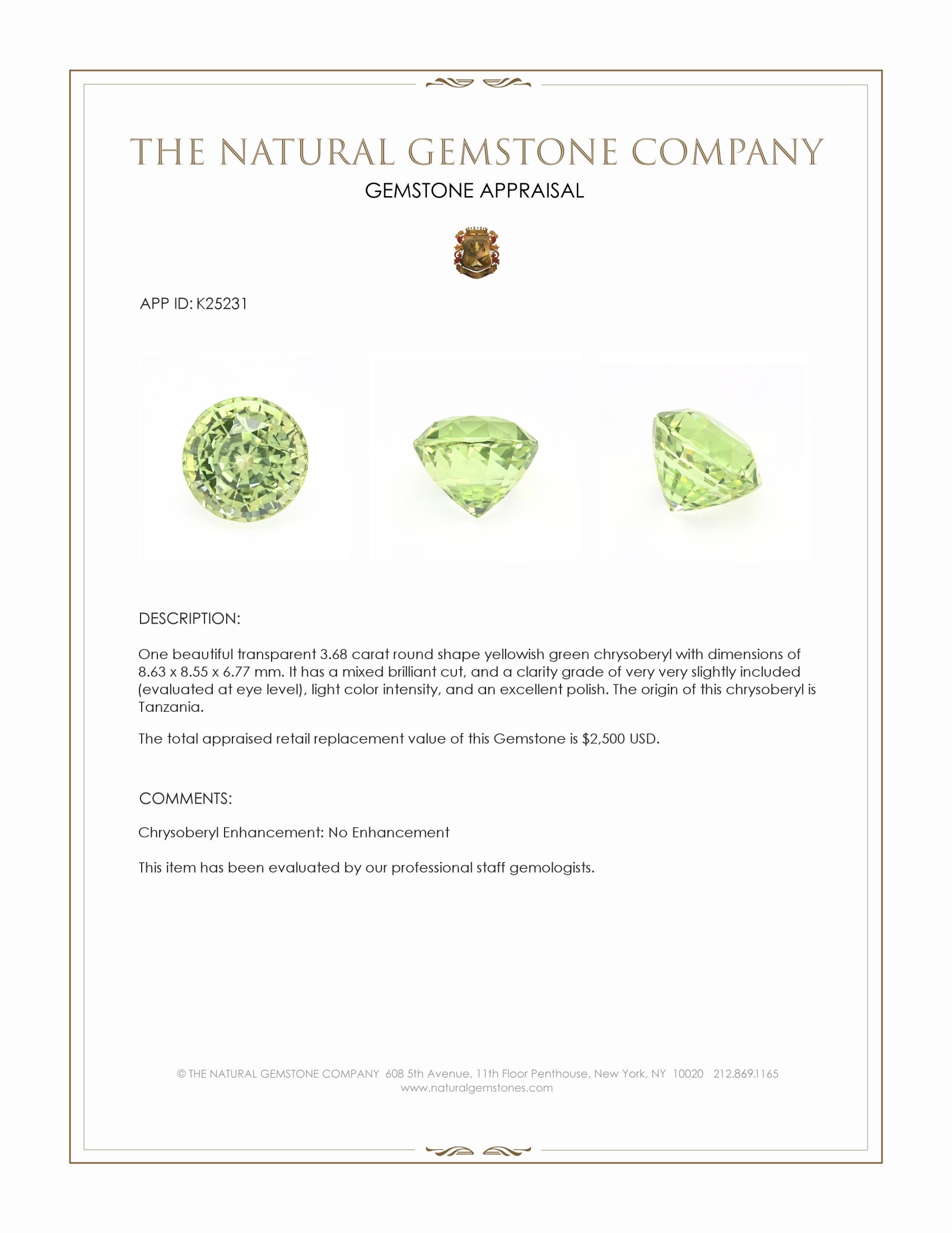 3.68 Ct. Yellowish Green Chrysoberyl from Tanzania