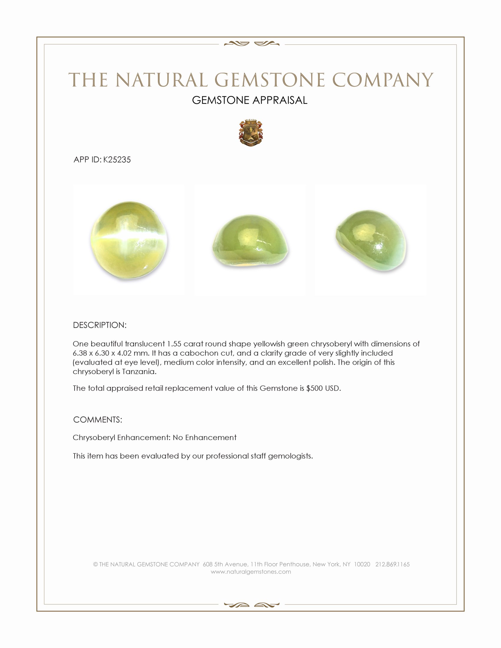 1.55 Ct. Yellowish Green Cabochon Chrysoberyl from Tanzania