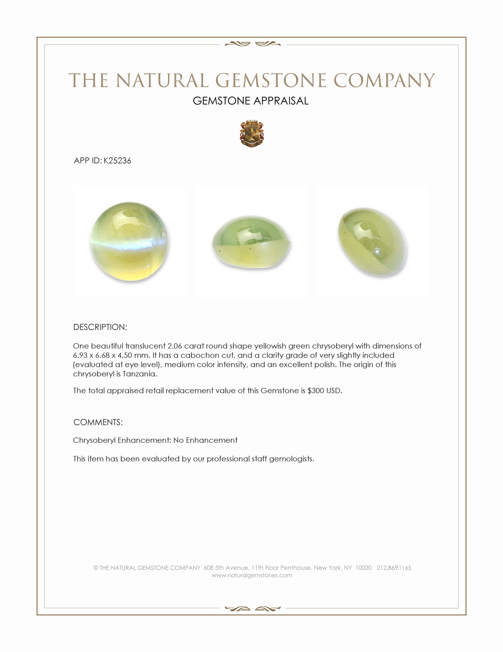 2.06 Ct. Yellowish Green Cabochon Chrysoberyl from Tanzania