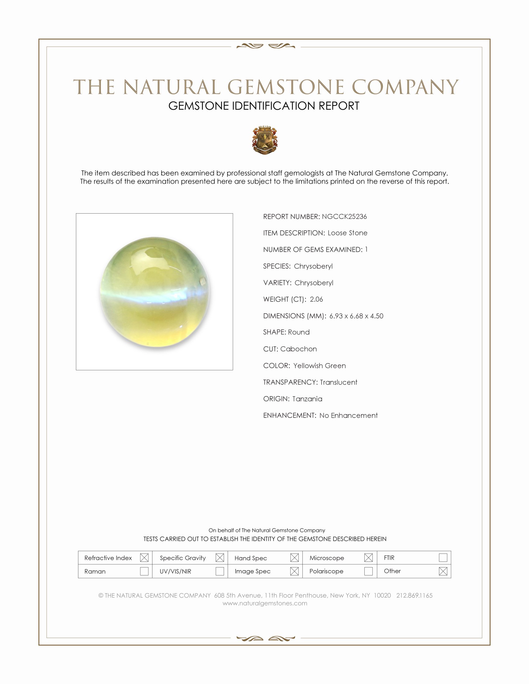 2.06 Ct. Yellowish Green Cabochon Chrysoberyl from Tanzania