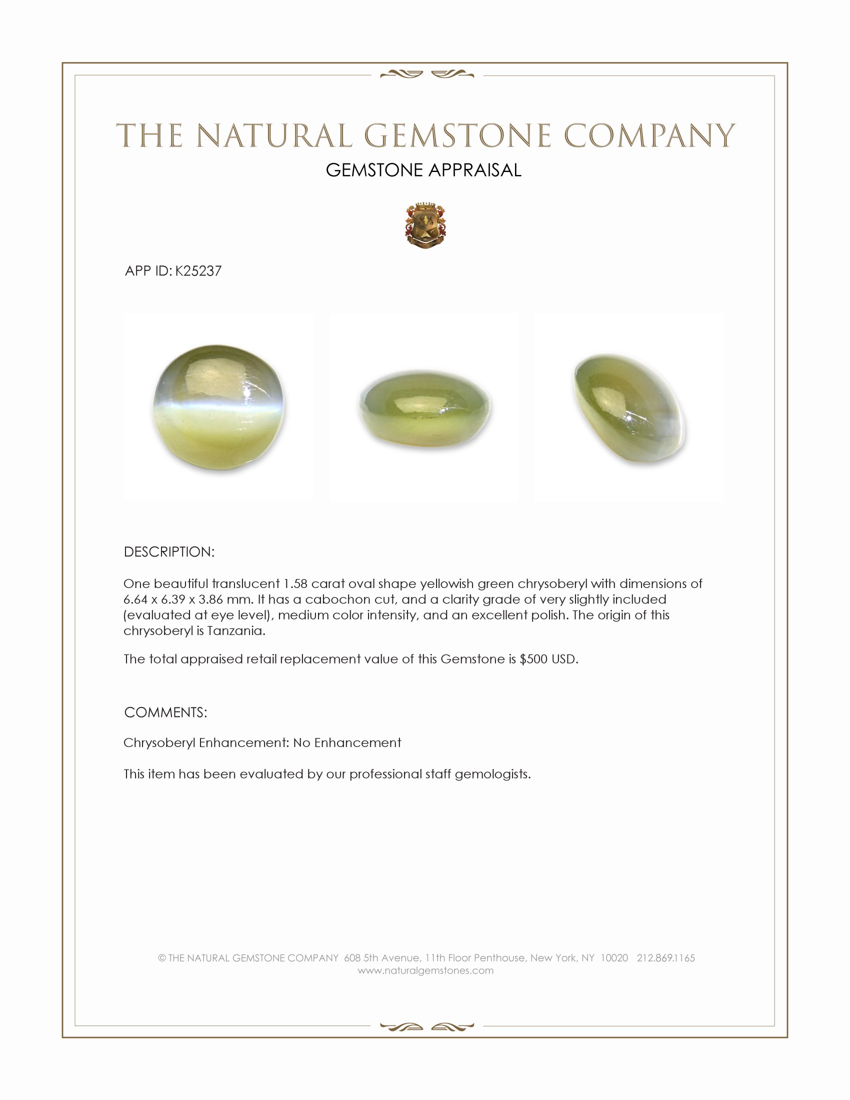 1.58 Ct. Yellowish Green Cabochon Chrysoberyl from Tanzania
