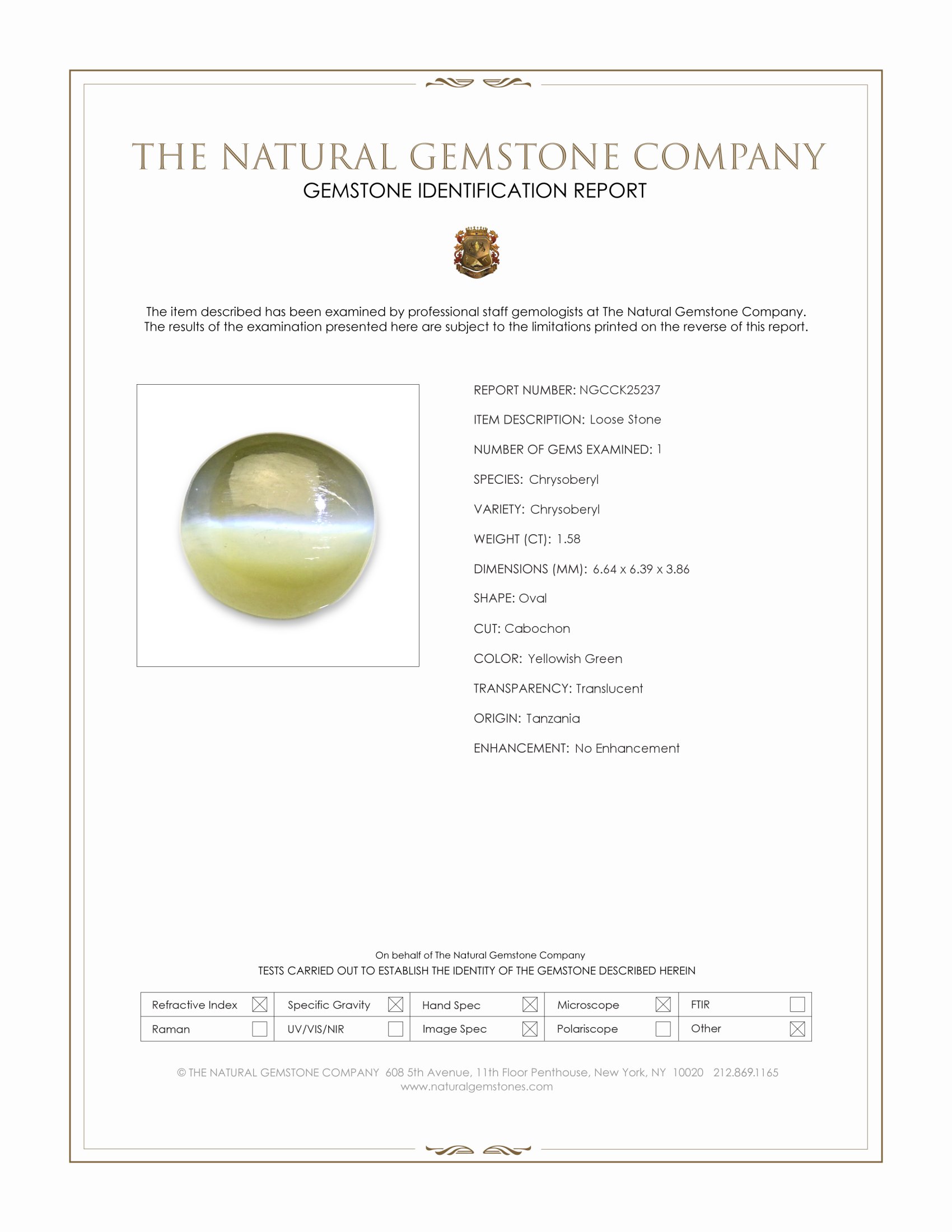 1.58 Ct. Yellowish Green Cabochon Chrysoberyl from Tanzania