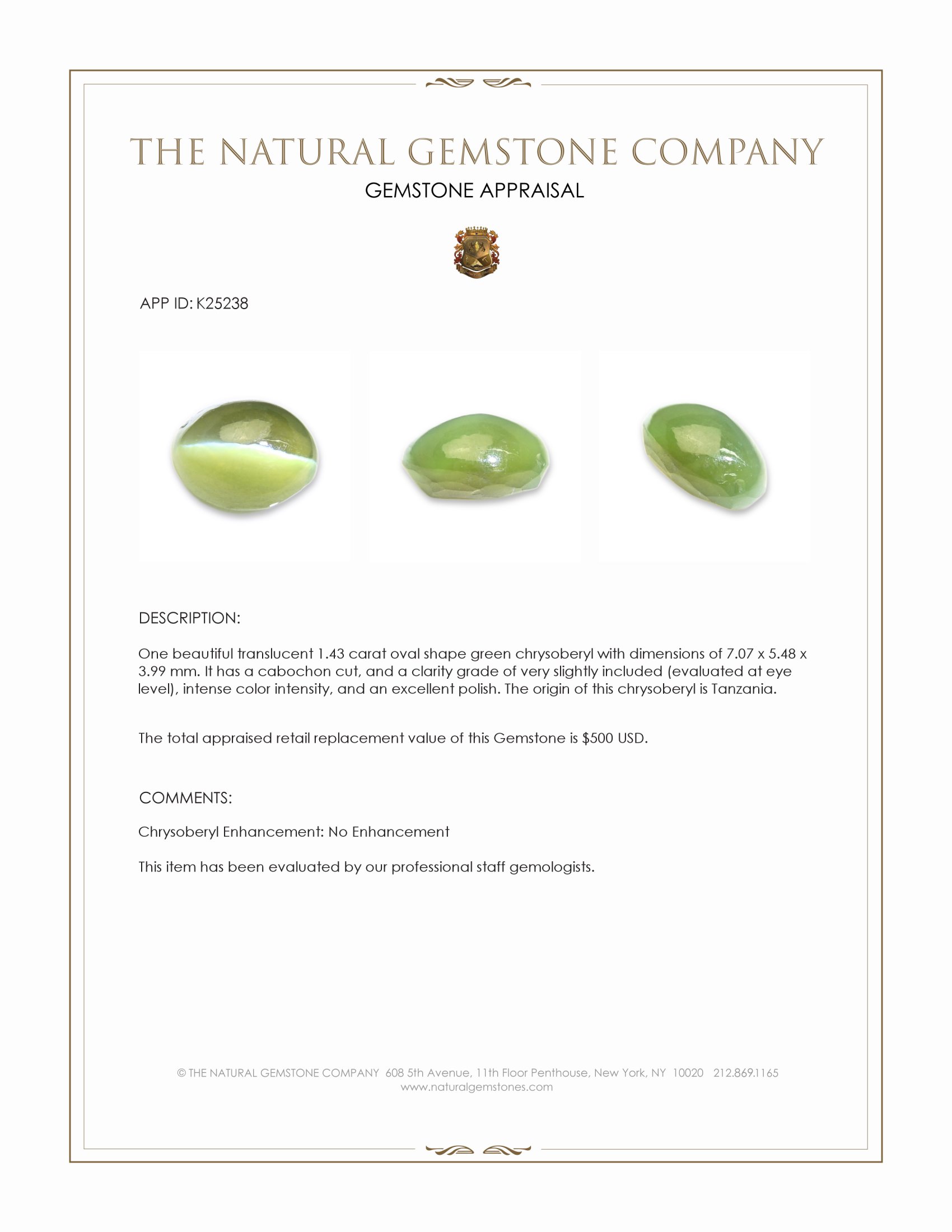 1.43 Ct. Green Cabochon Chrysoberyl from Tanzania