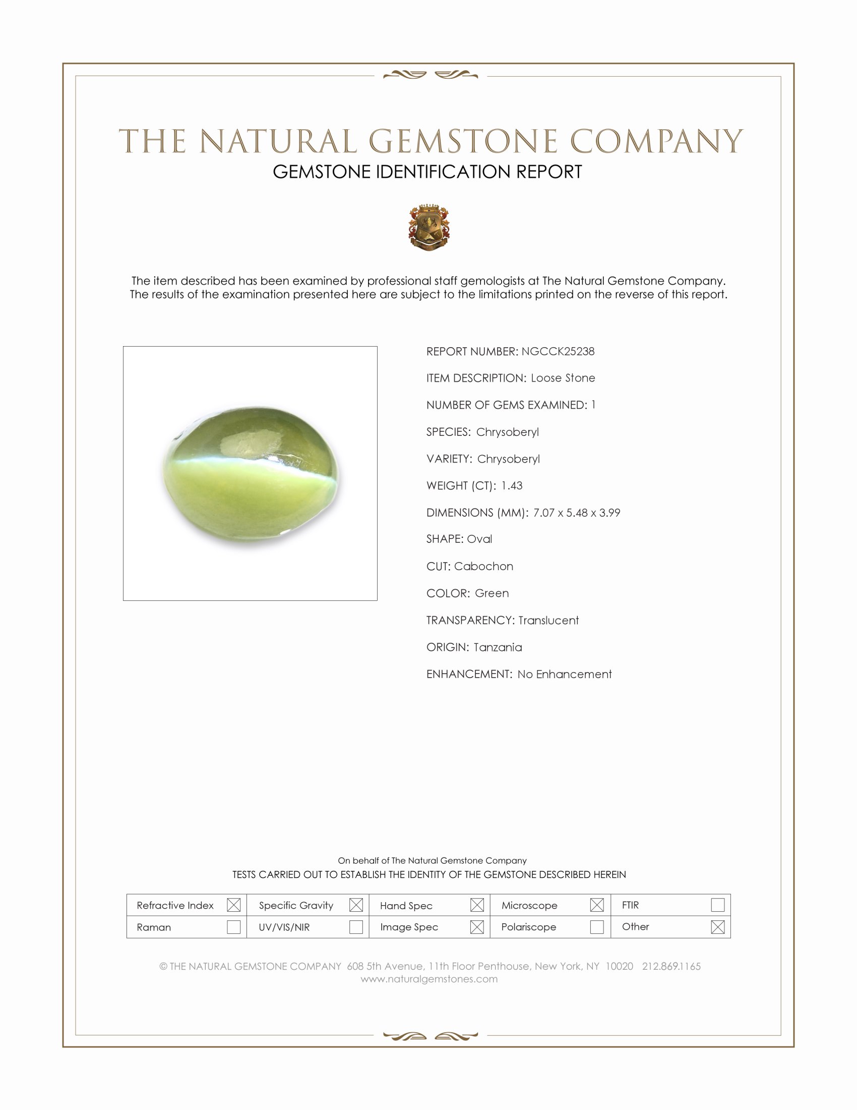 1.43 Ct. Green Cabochon Chrysoberyl from Tanzania