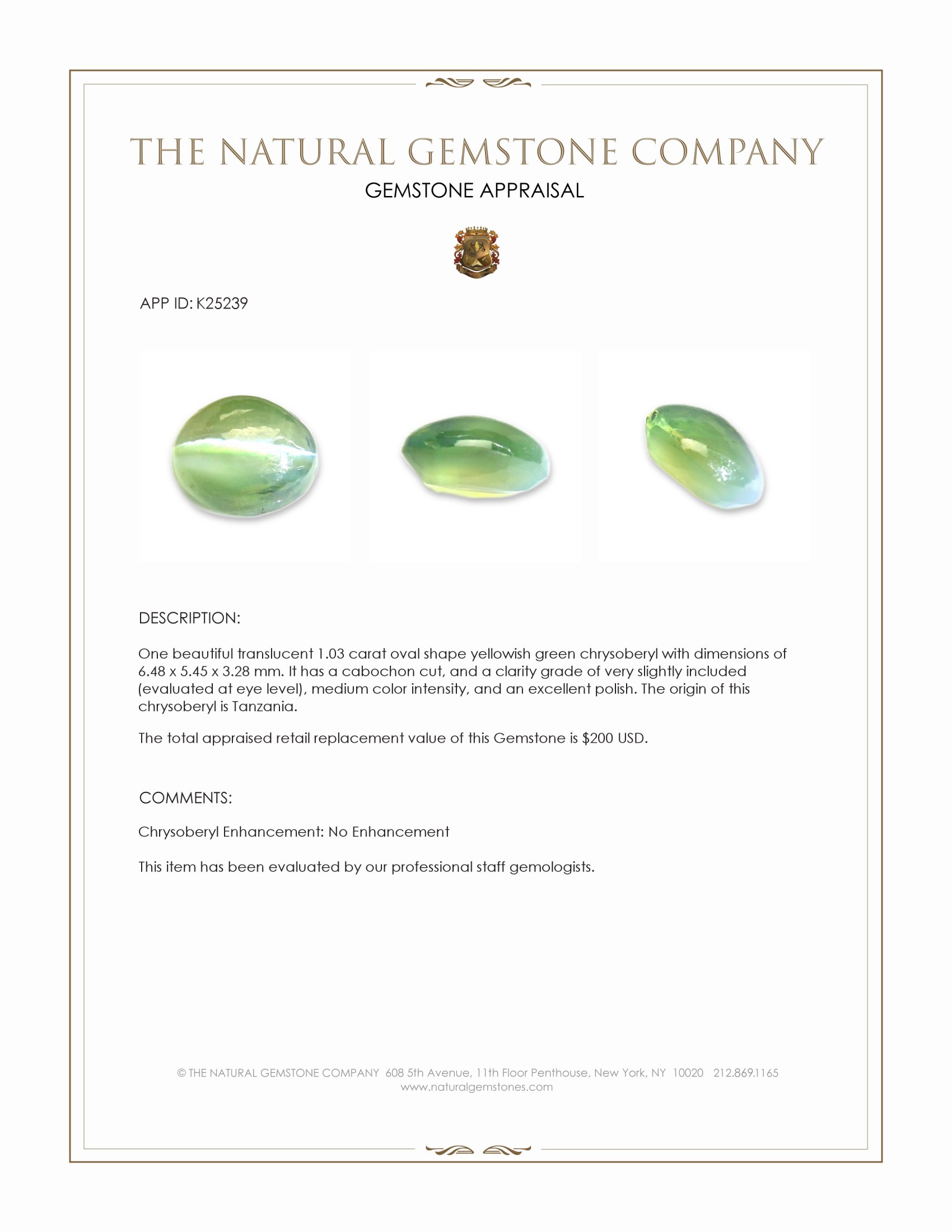 1.03 Ct. Yellowish Green Cabochon Chrysoberyl from Tanzania