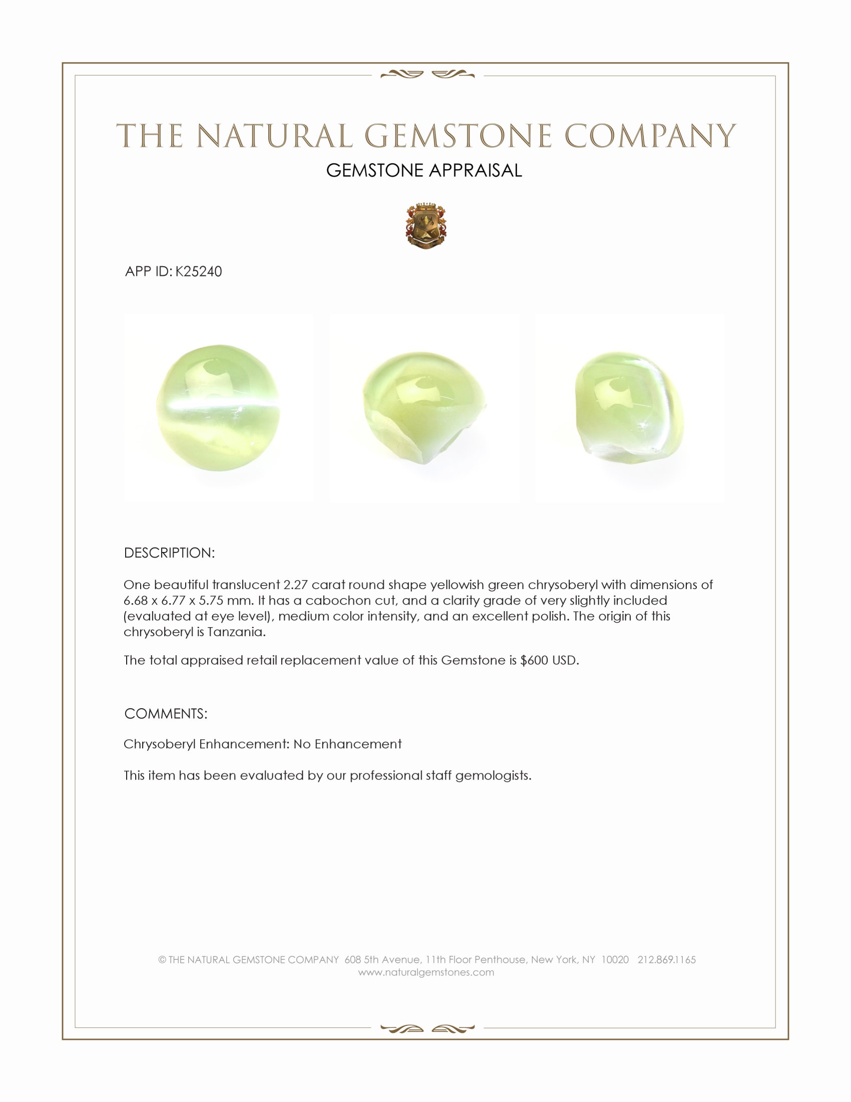 2.27 Ct. Yellowish Green Cabochon Chrysoberyl from Tanzania