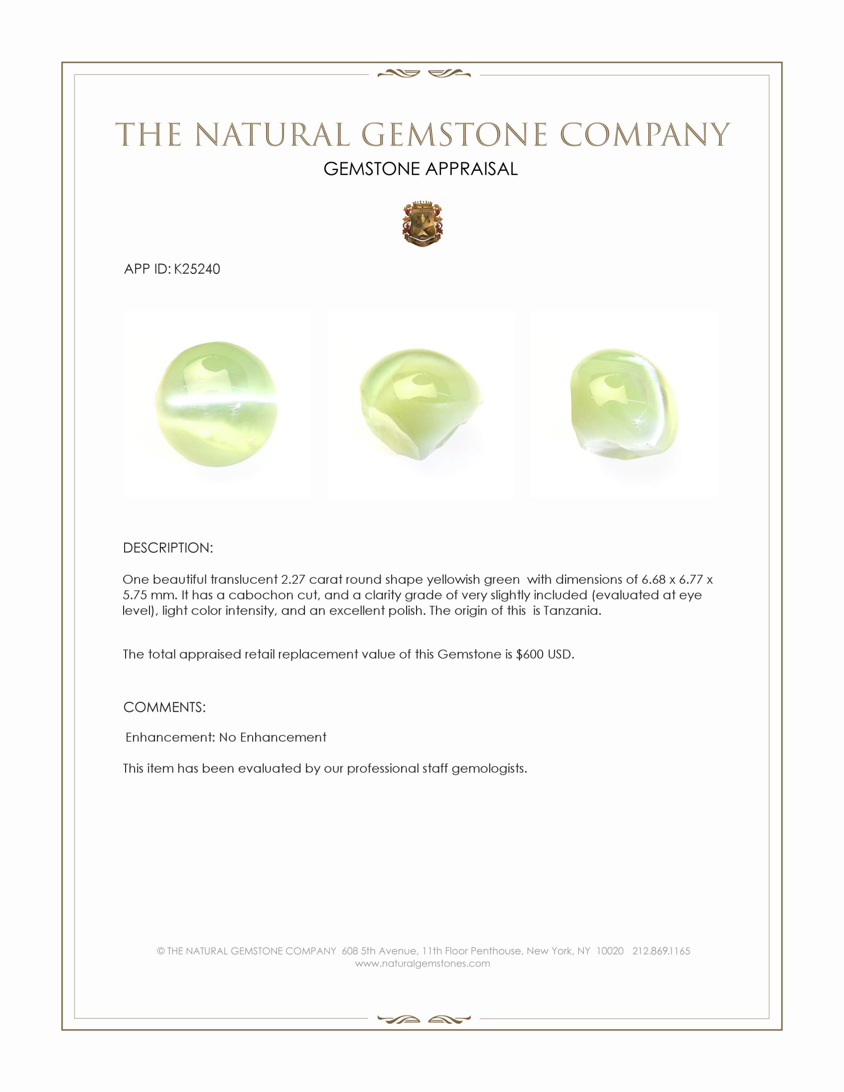 2.27 Ct. Yellowish Green Cabochon Chrysoberyl from Tanzania
