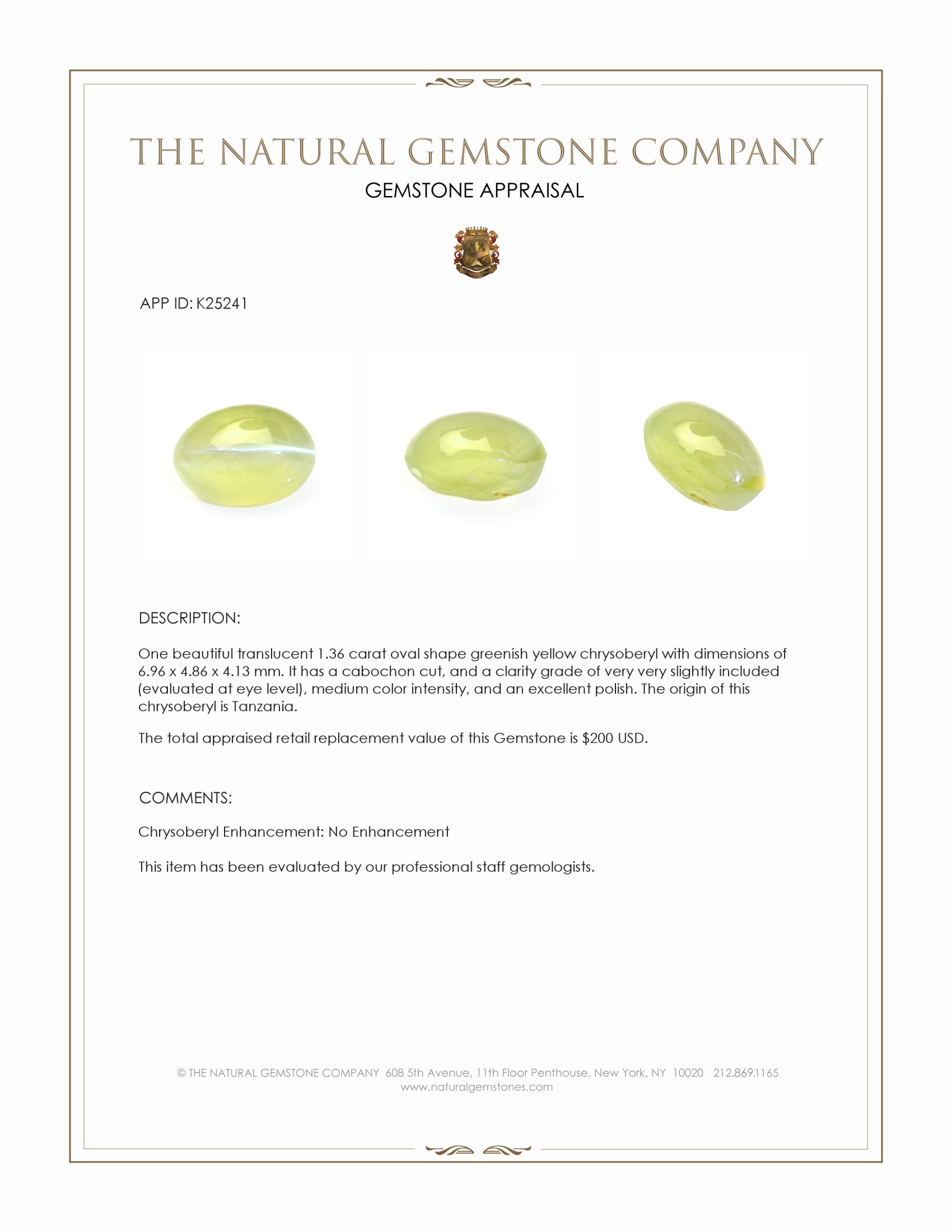 1.36 Ct. Greenish Yellow Cabochon Chrysoberyl from Tanzania