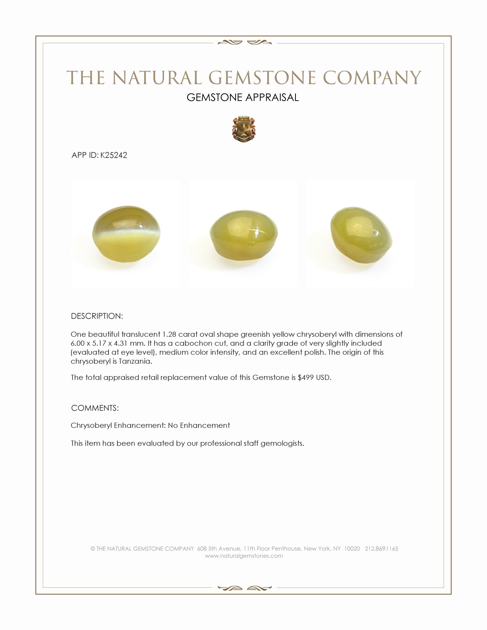 1.28 Ct. Greenish Yellow Cabochon Chrysoberyl from Tanzania