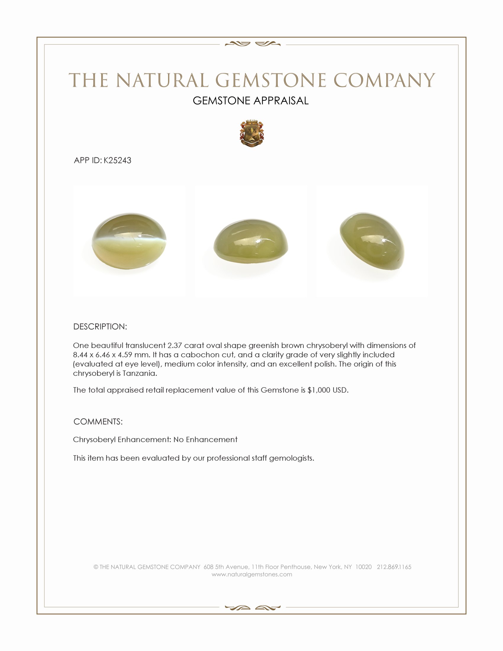 2.37 Ct. Greenish Brown Cabochon Chrysoberyl from Tanzania