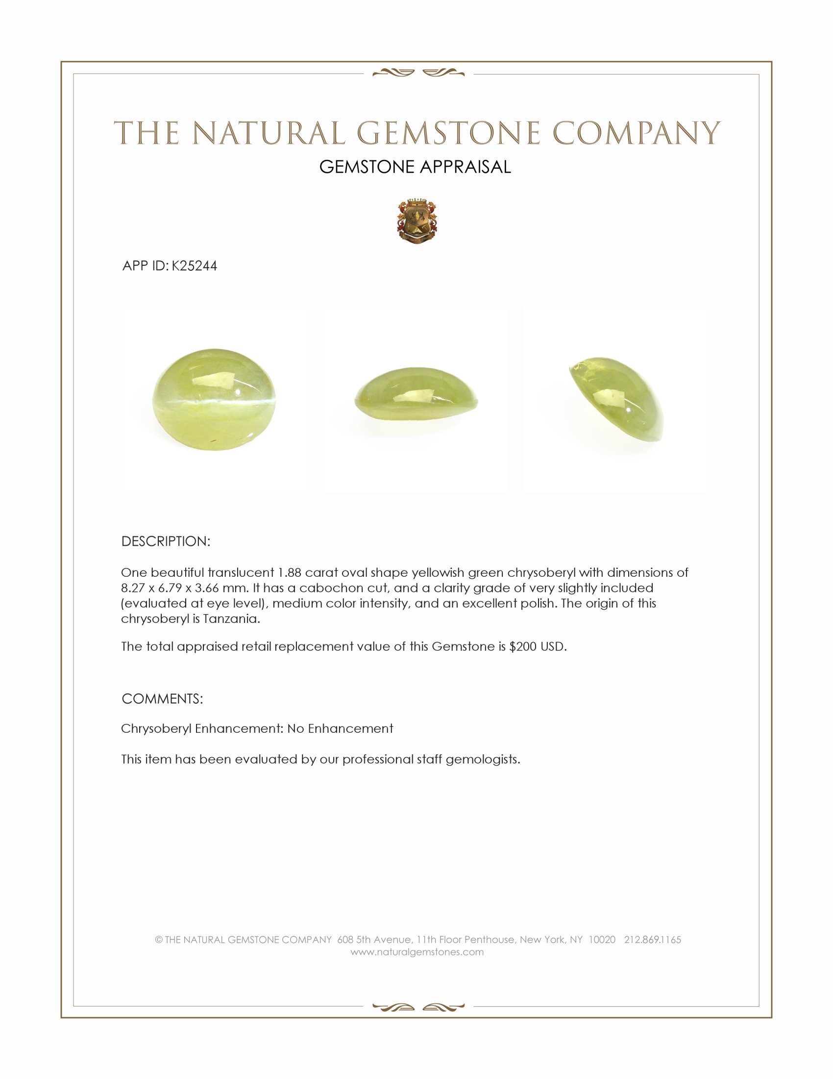 1.88 Ct. Yellowish Green Cabochon Chrysoberyl from Tanzania