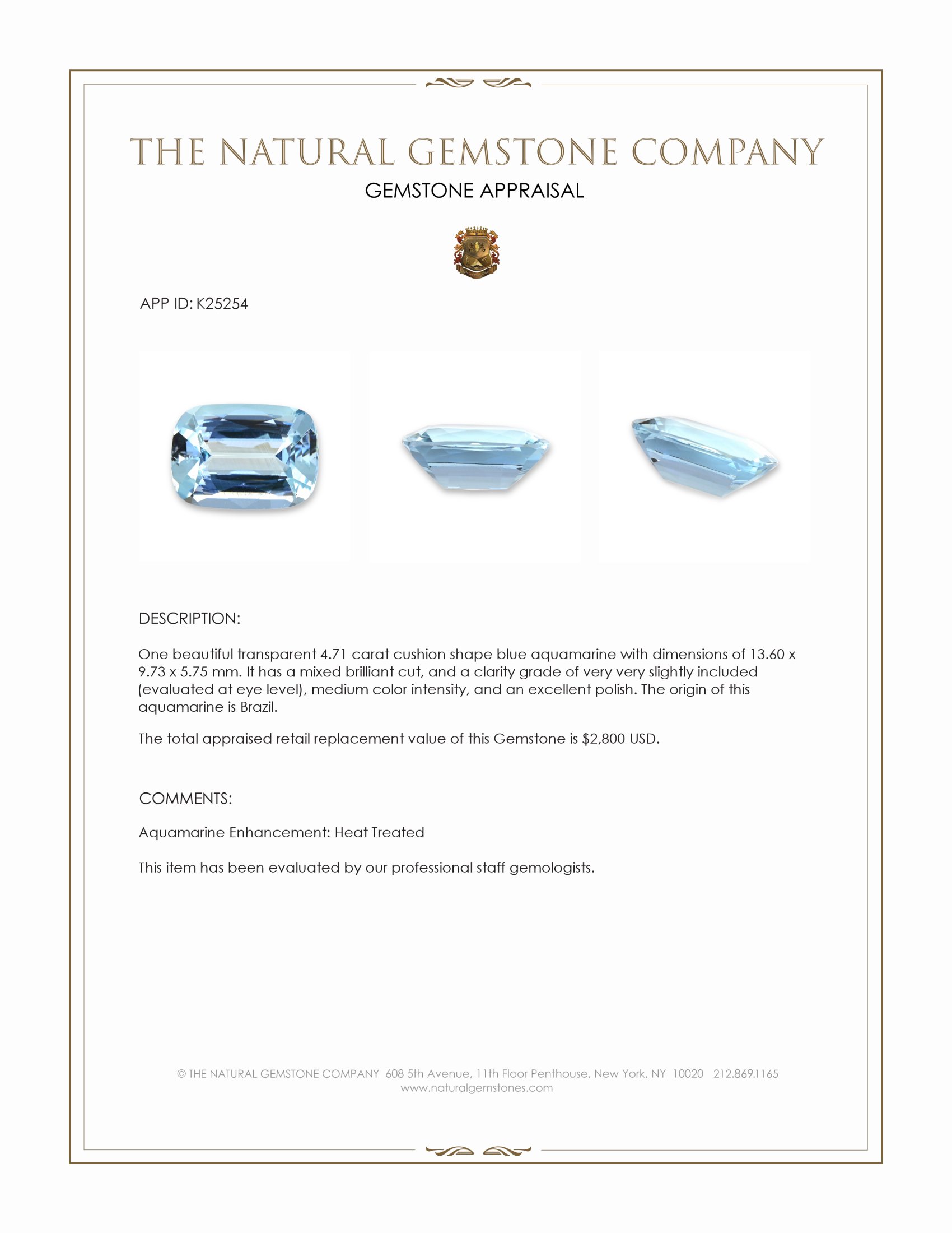 4.71 Ct. Blue Aquamarine from Brazil