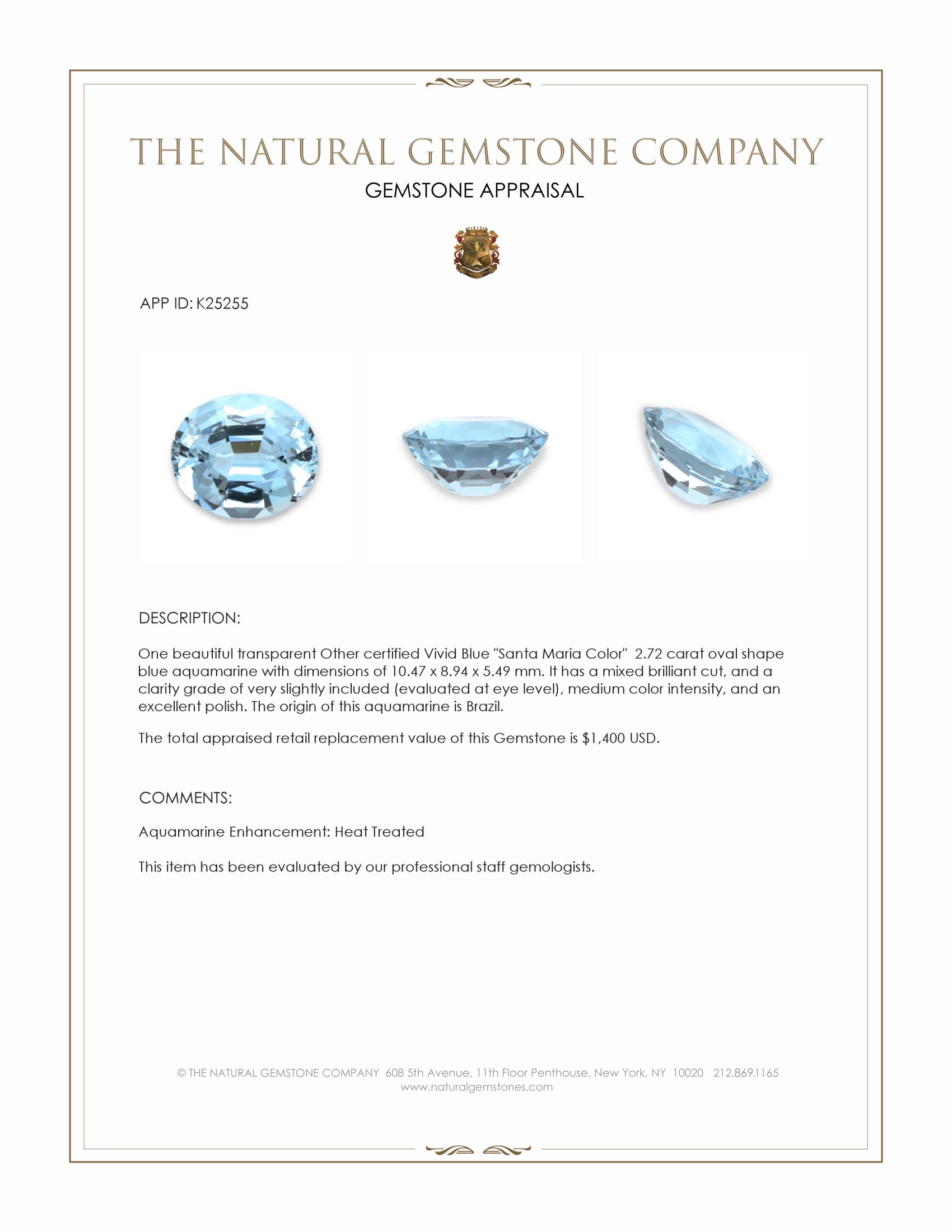 2.72 Ct. Blue Aquamarine from Brazil