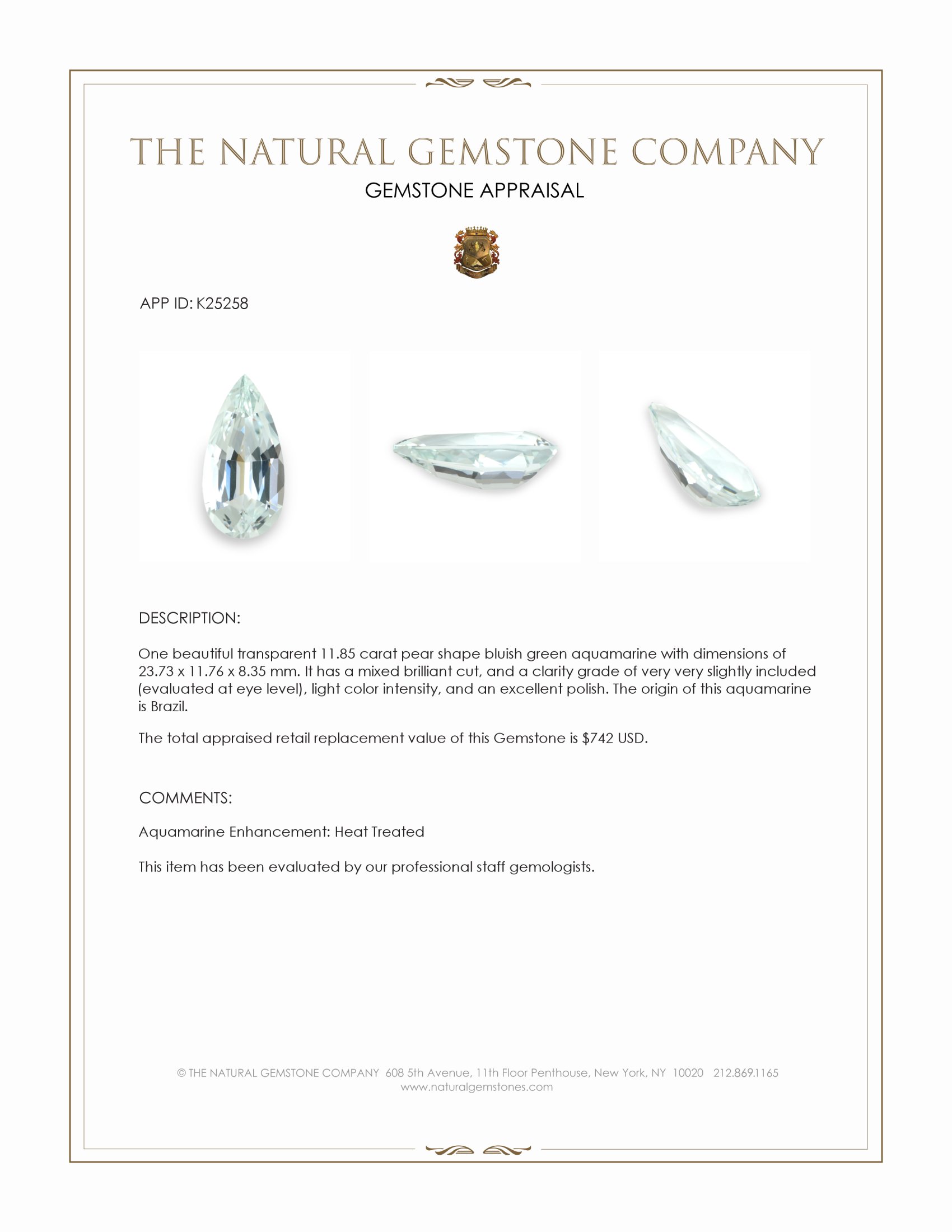 11.85 Ct. Bluish Green Aquamarine from Brazil