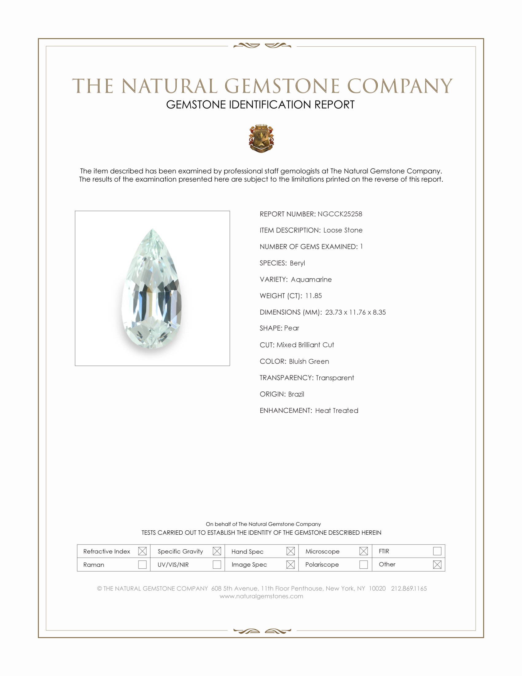 11.85 Ct. Bluish Green Aquamarine from Brazil
