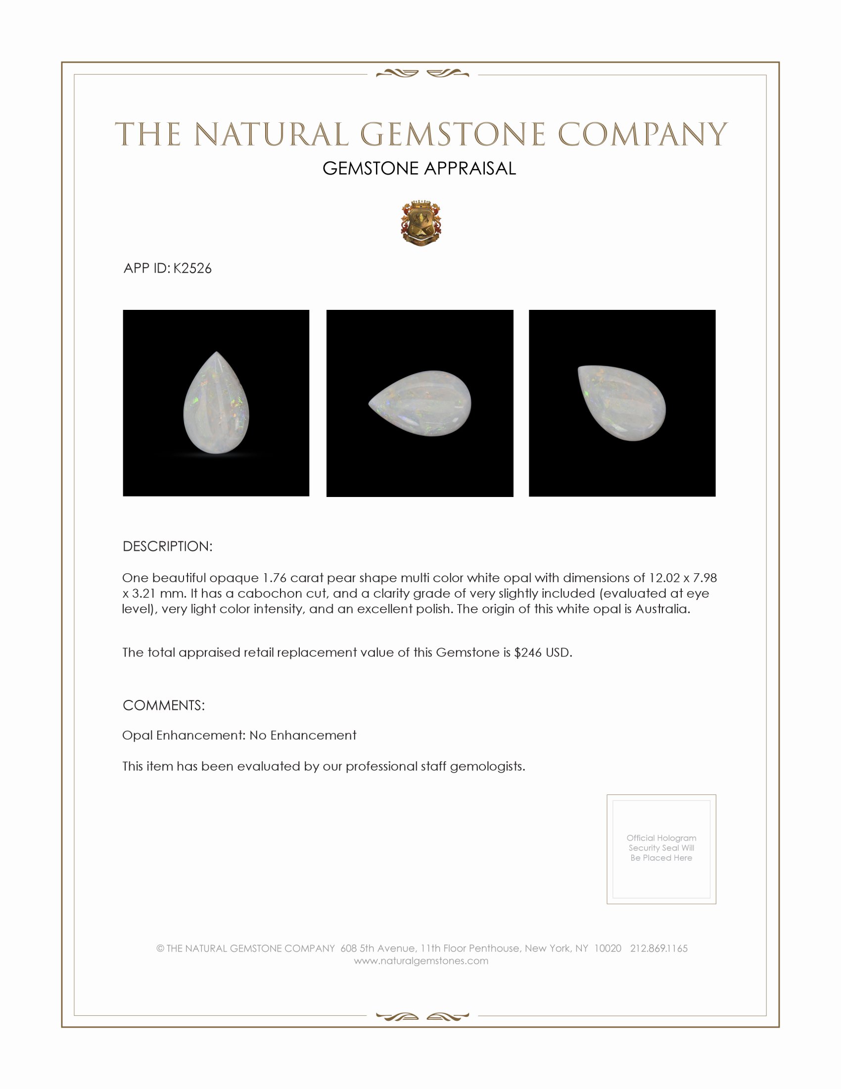 1.76 Ct. Cabochon White Opal from Australia