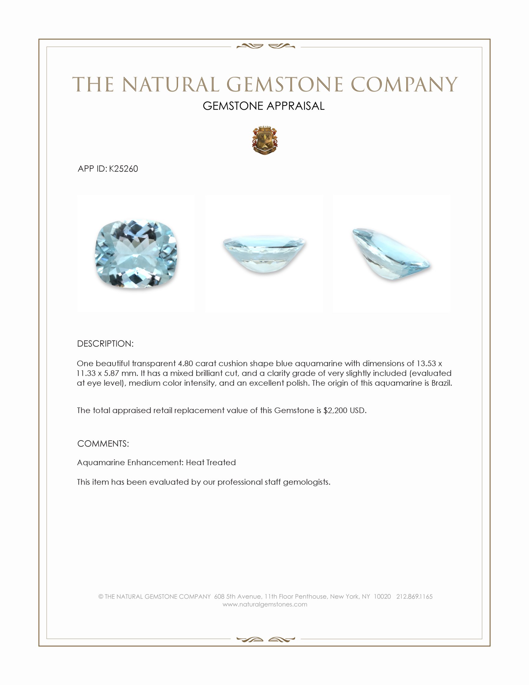 4.80 Ct. Blue Aquamarine from Brazil