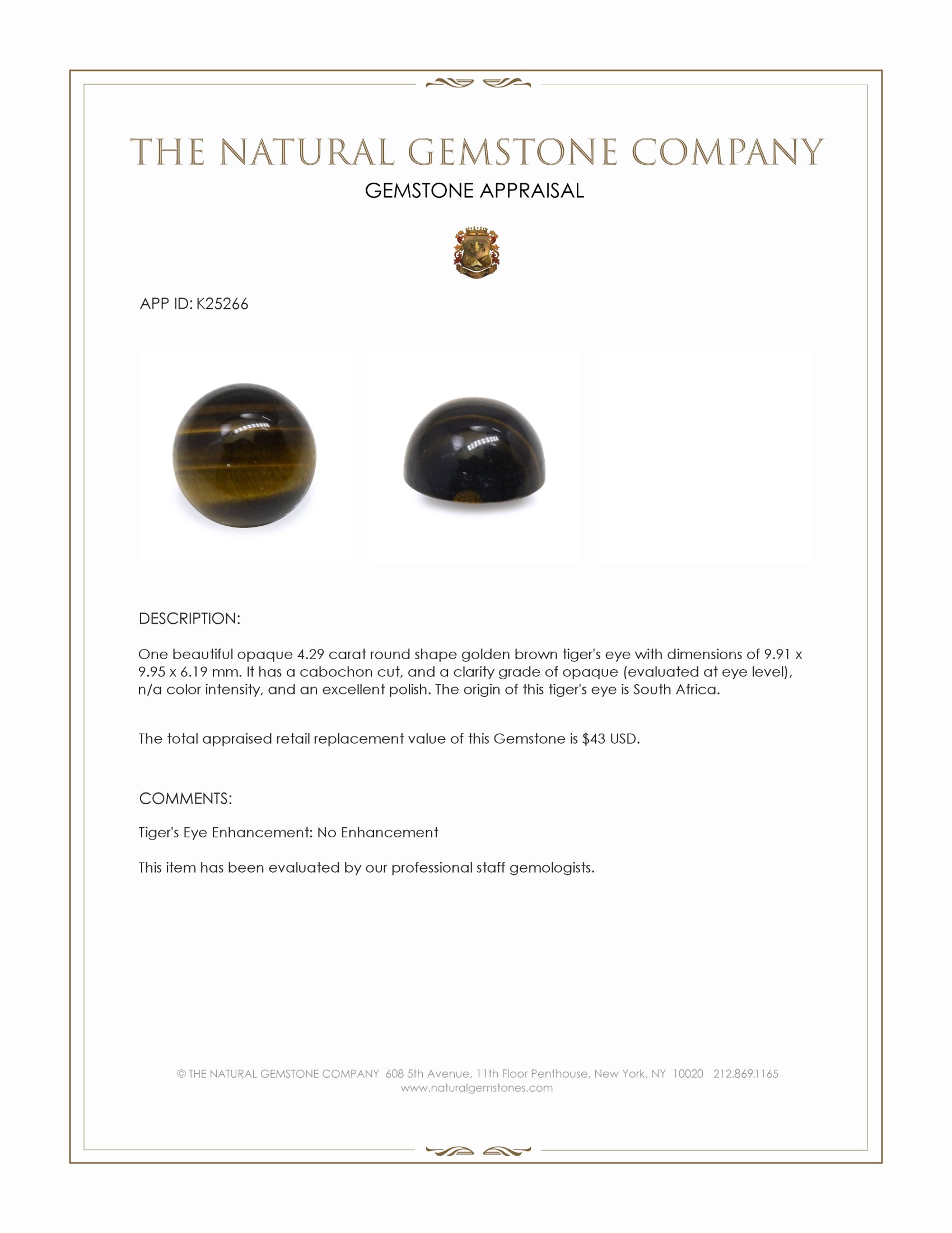 4.29 Ct. Cabochon Tiger's Eye from South Africa