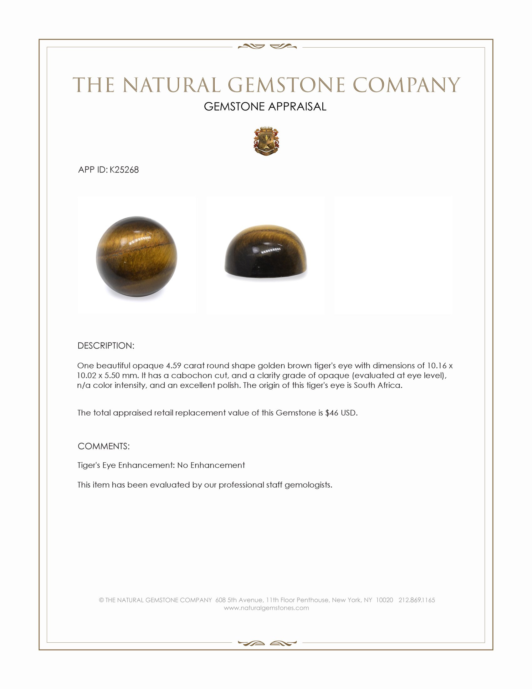 4.59 Ct. Cabochon Tiger's Eye from South Africa