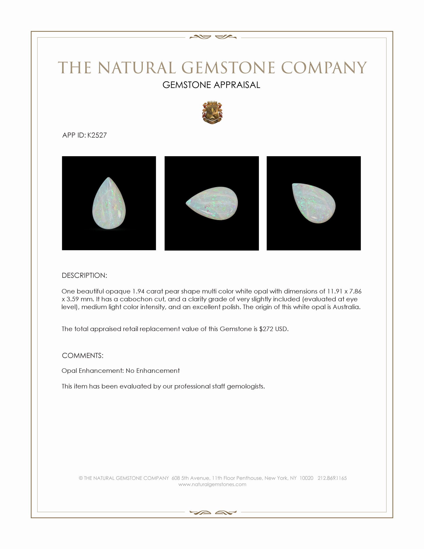 1.94 Ct. Cabochon White Opal from Australia