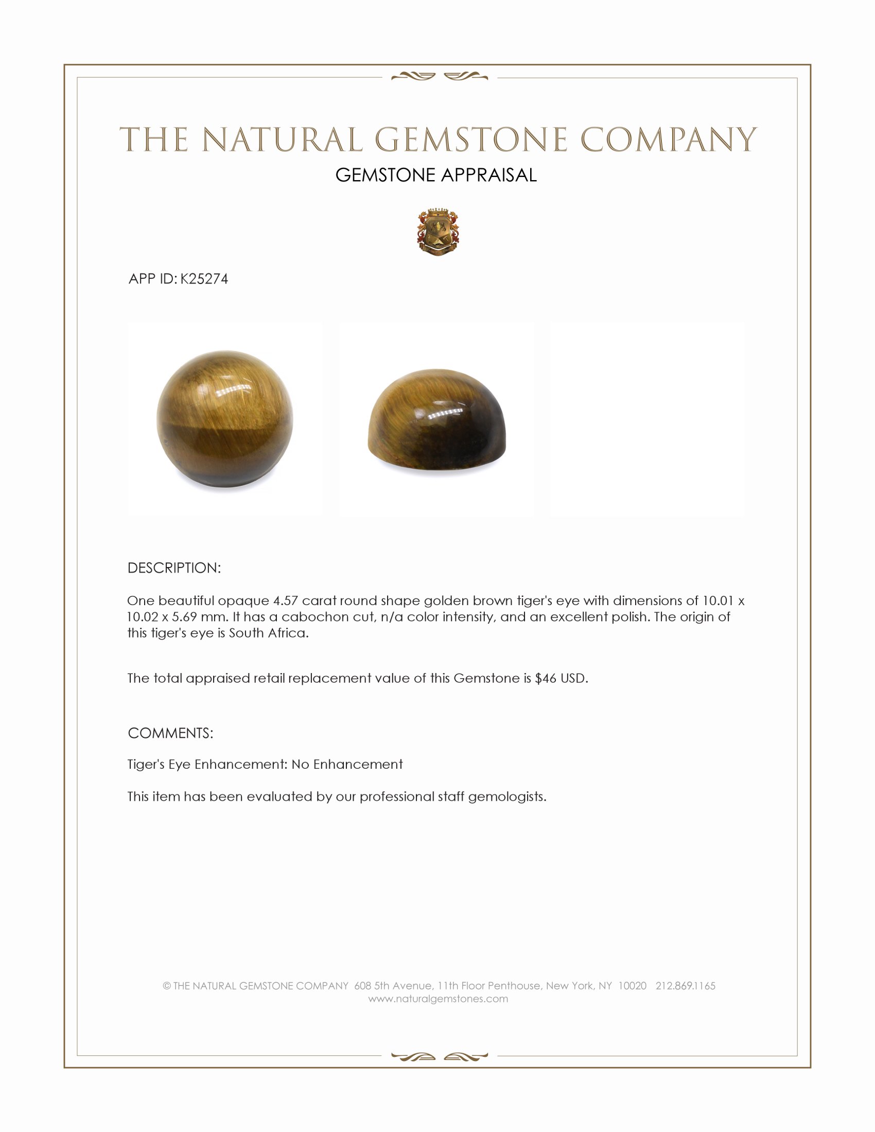 4.57 Ct. Cabochon Tiger's Eye from South Africa